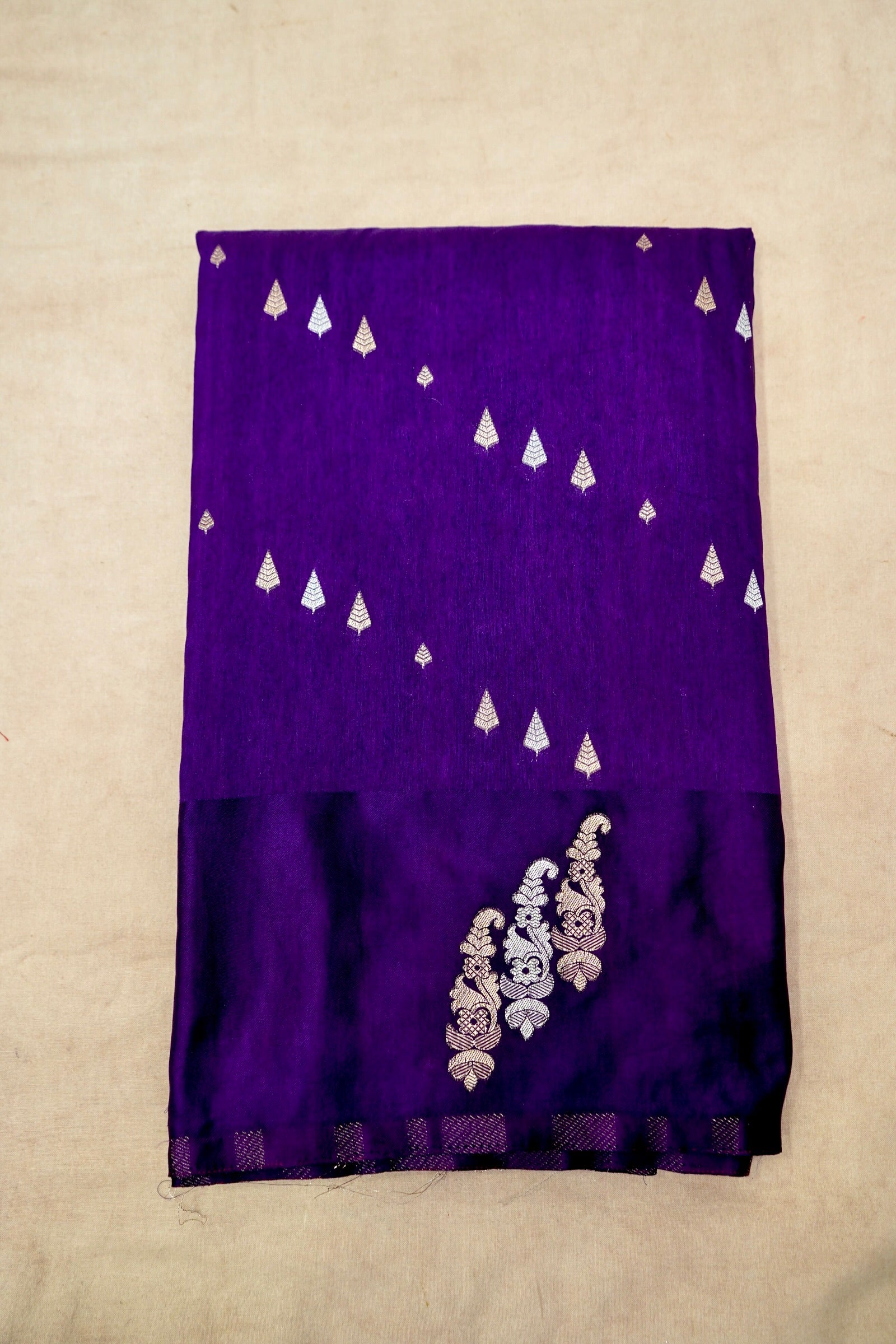Royal Purple Dupion Silk Saree with Silver and Gold Motifs