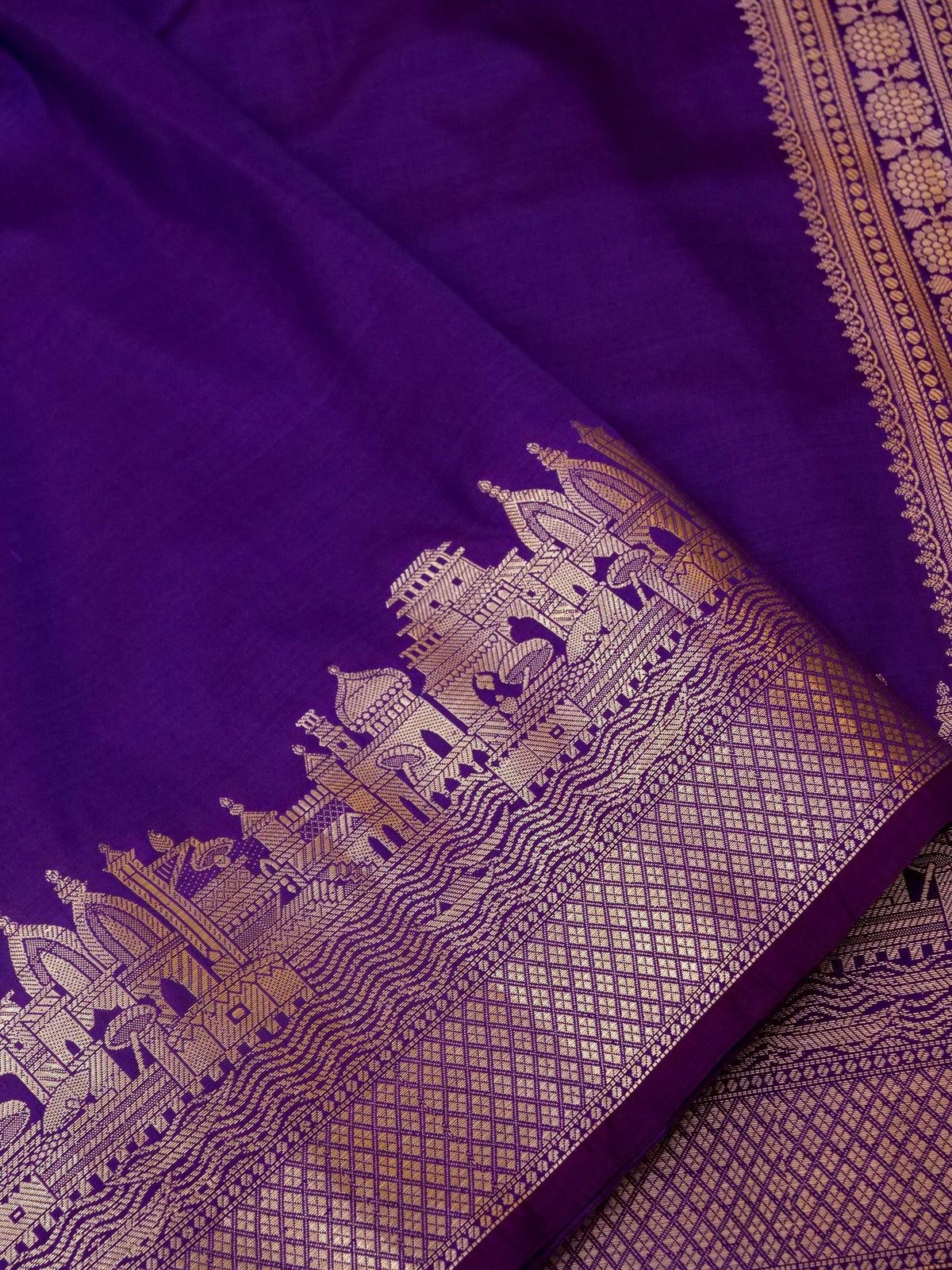 Vihar - Deep Purple Ghat Border Banarasi Silk Saree with Stitched Blouse