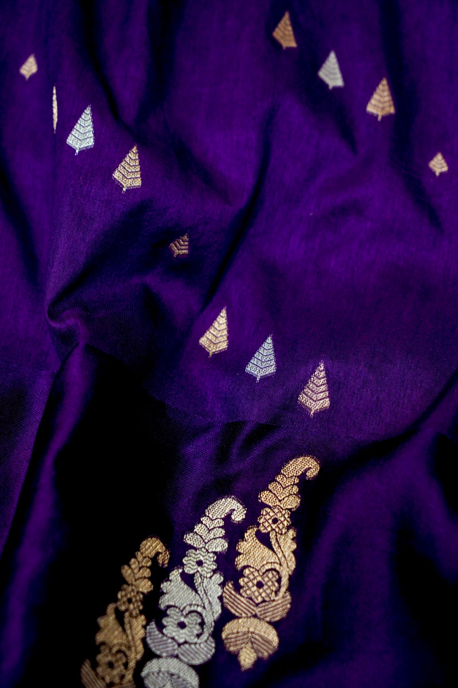 Royal Purple Dupion Silk Saree with Silver and Gold Motifs