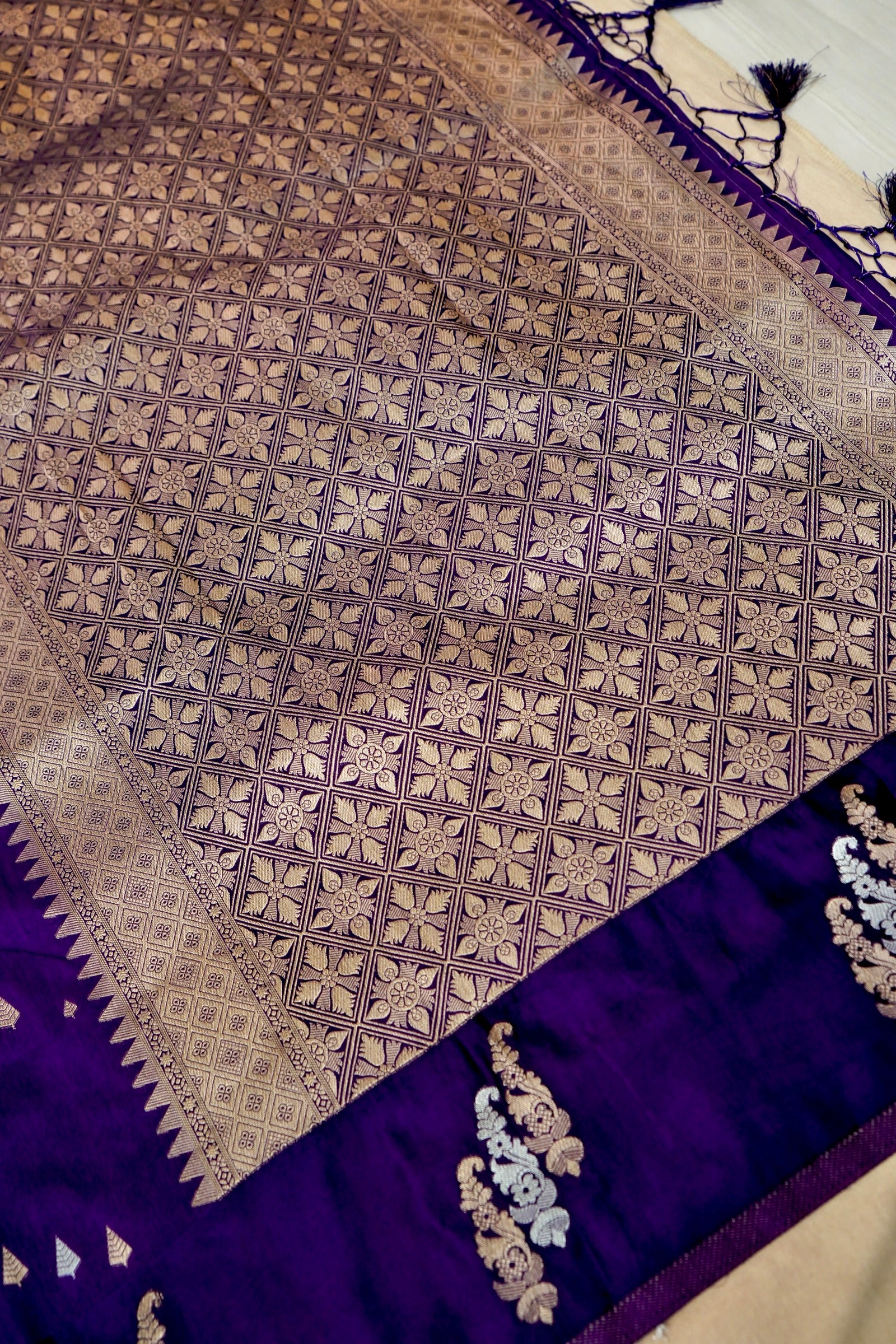 Royal Purple Dupion Silk Saree with Silver and Gold Motifs