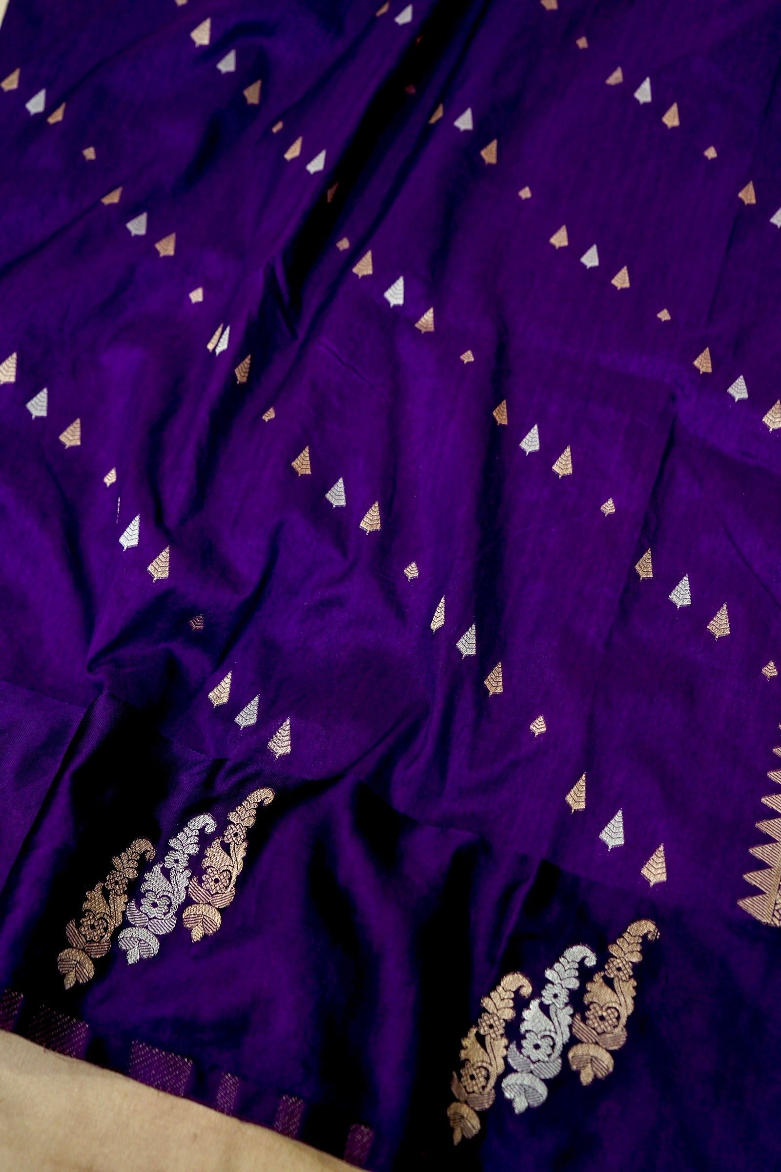 Royal Purple Dupion Silk Saree with Silver and Gold Motifs