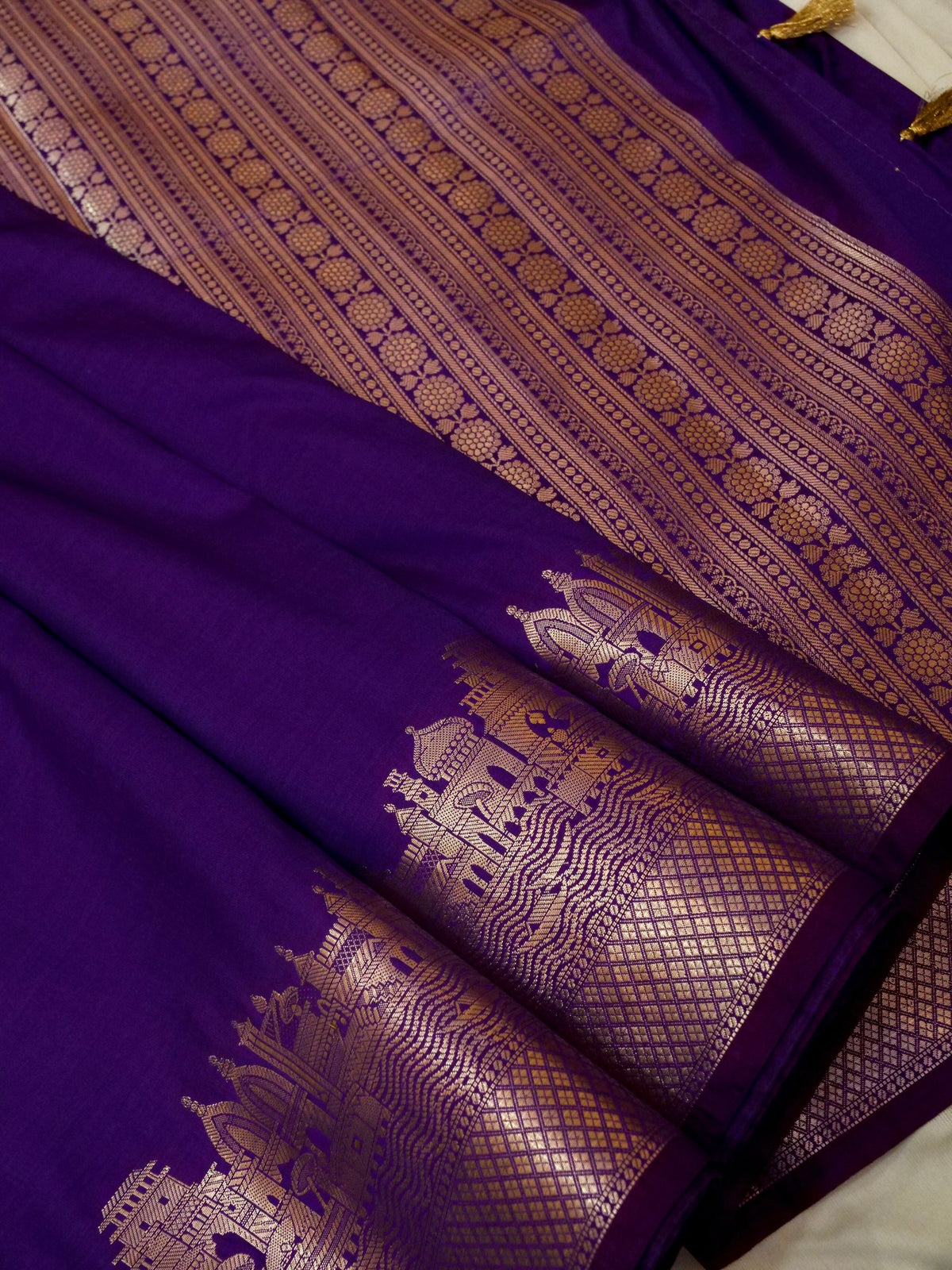 Vihar - Deep Purple Ghat Border Banarasi Silk Saree with Stitched Blouse