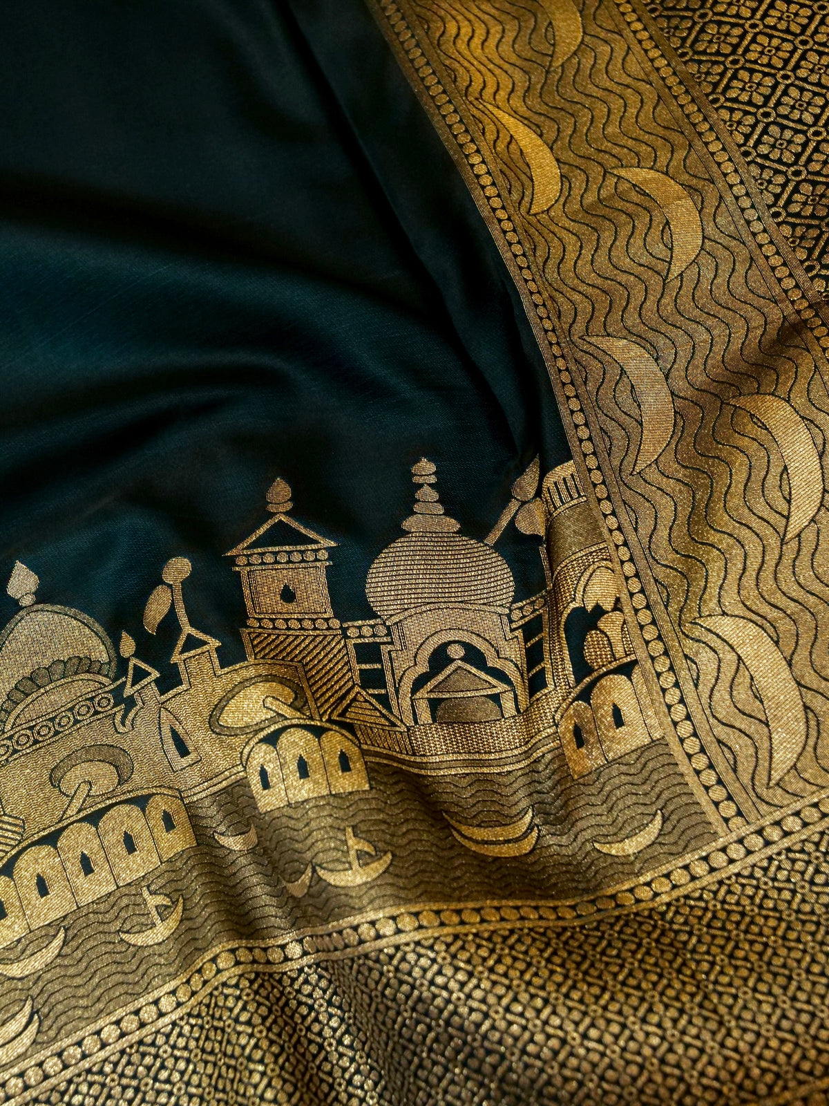Nihar - Deep Teal Blue Ghat Border Banarasi Silk Saree with Stitched Blouse