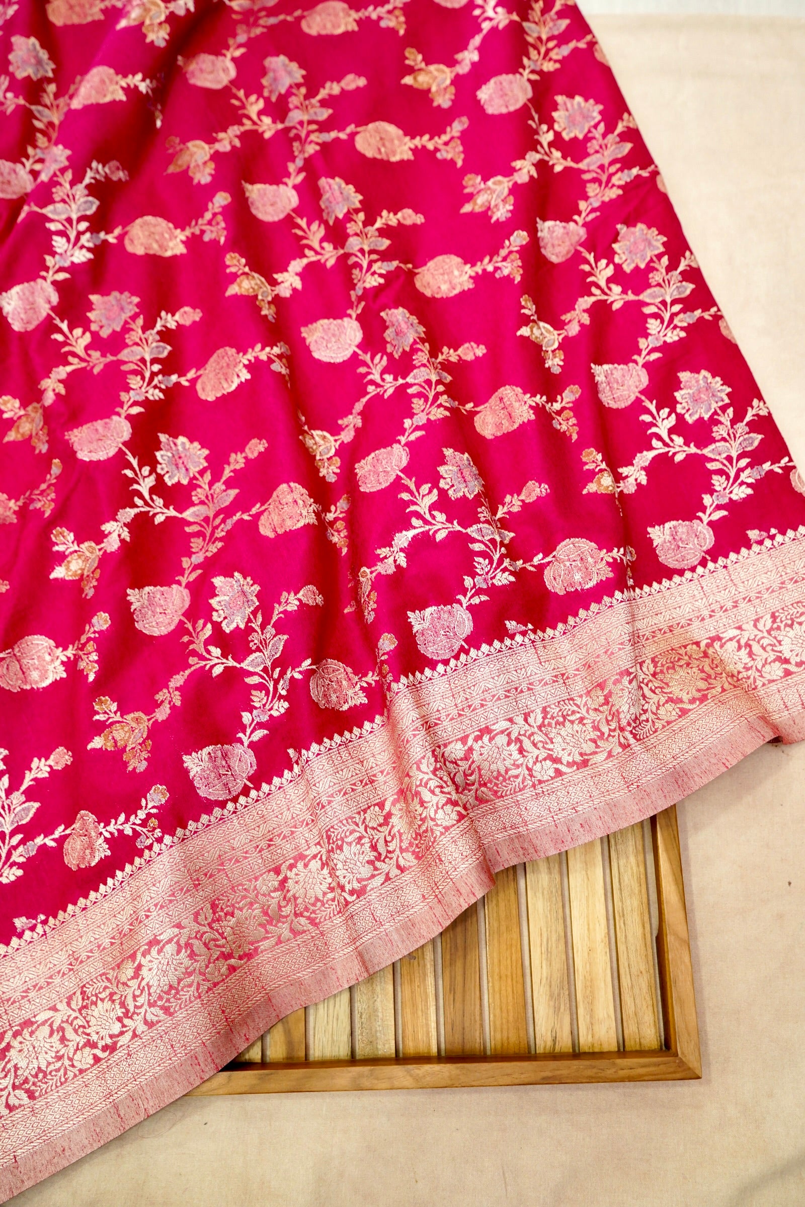 Hot Pink Semi Georgette Silk Saree with Champagne Zari Border