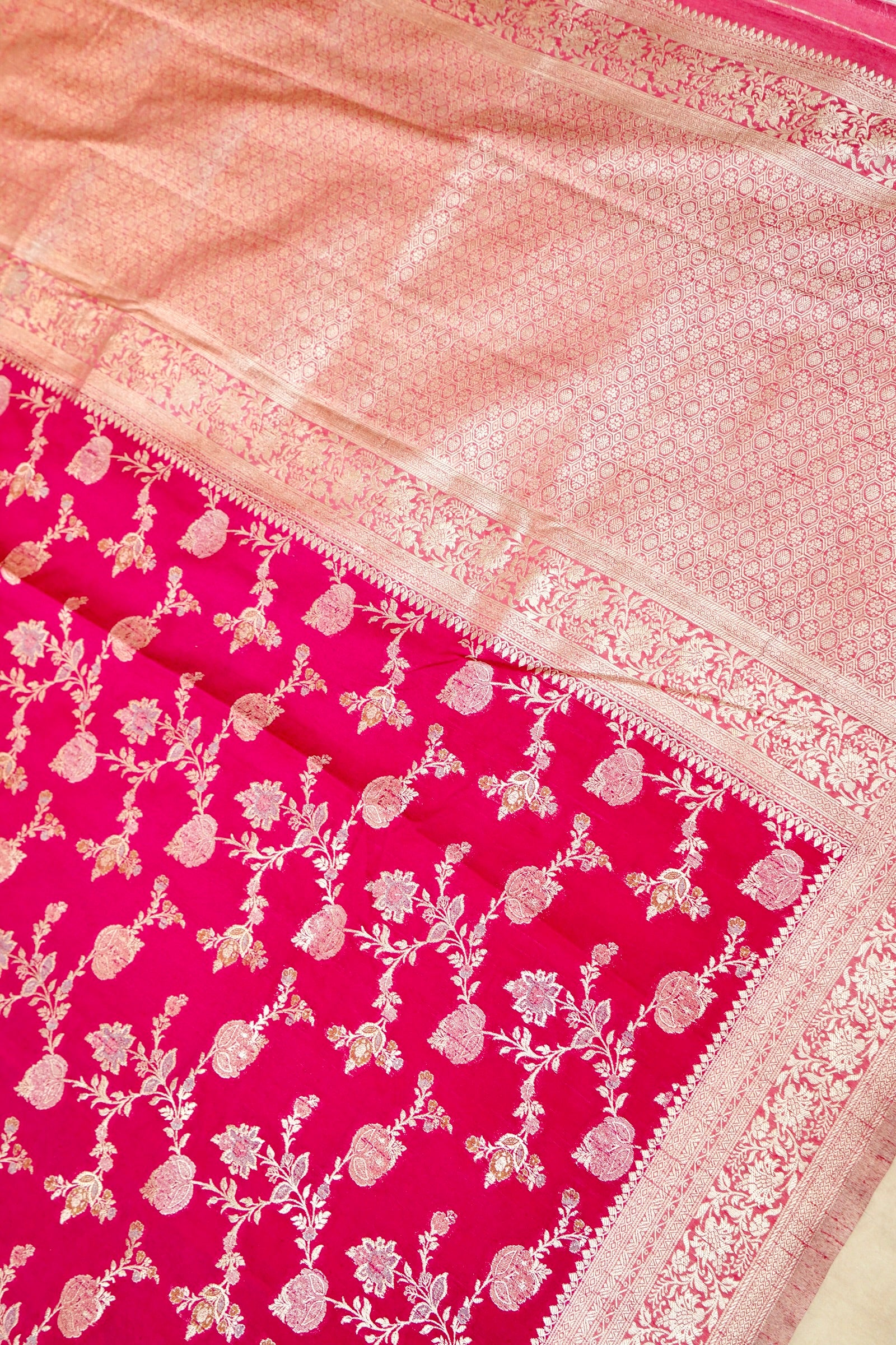 Hot Pink Semi Georgette Silk Saree with Champagne Zari Border