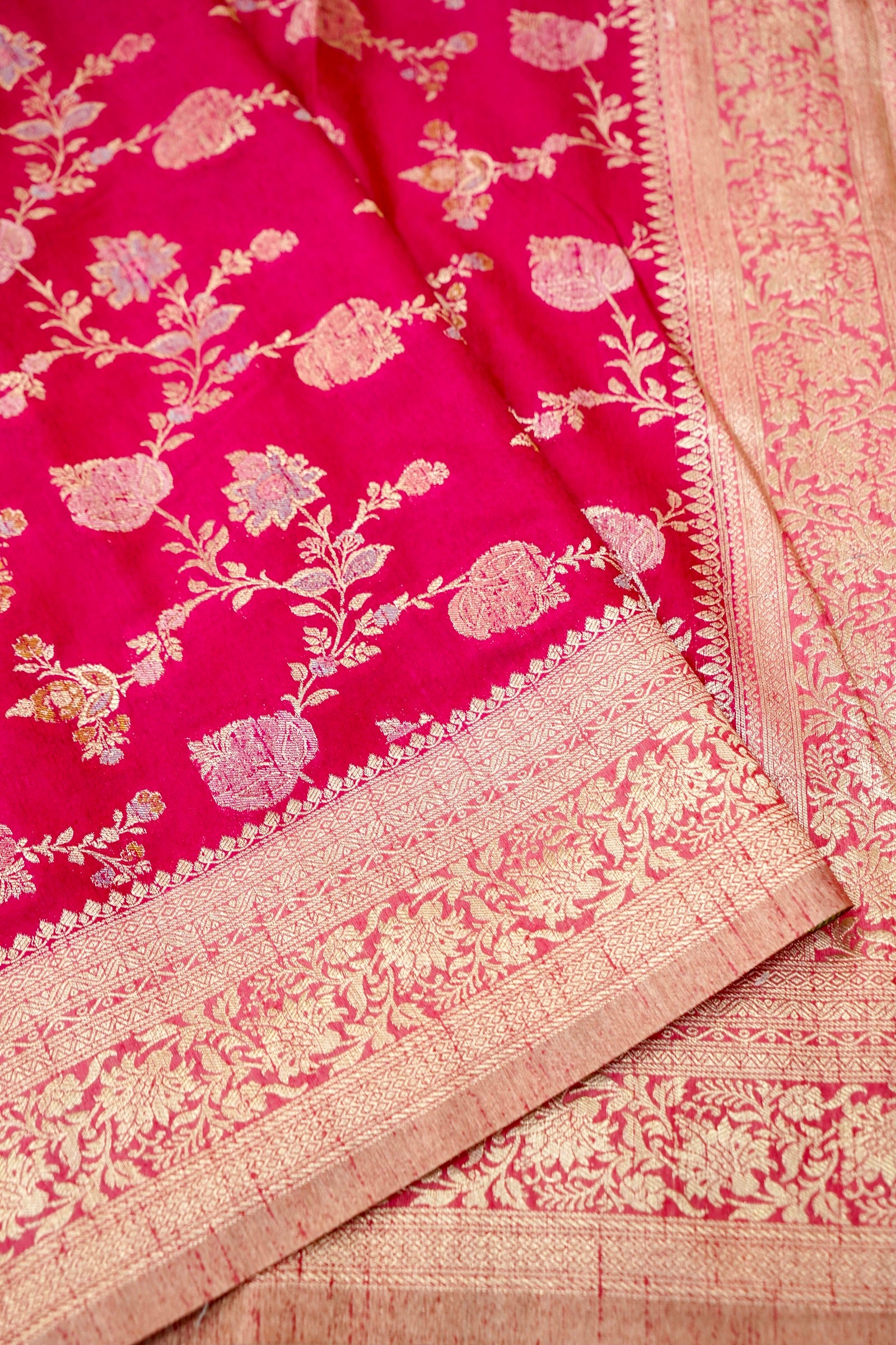 Hot Pink Semi Georgette Silk Saree with Champagne Zari Border