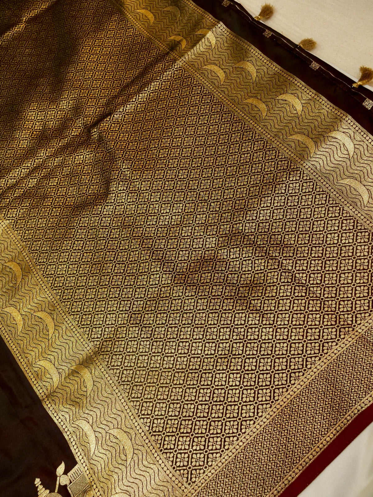 Nihar - Deep Chocolate Brown Ghat Border Banarasi Silk Saree with Stitched Blouse