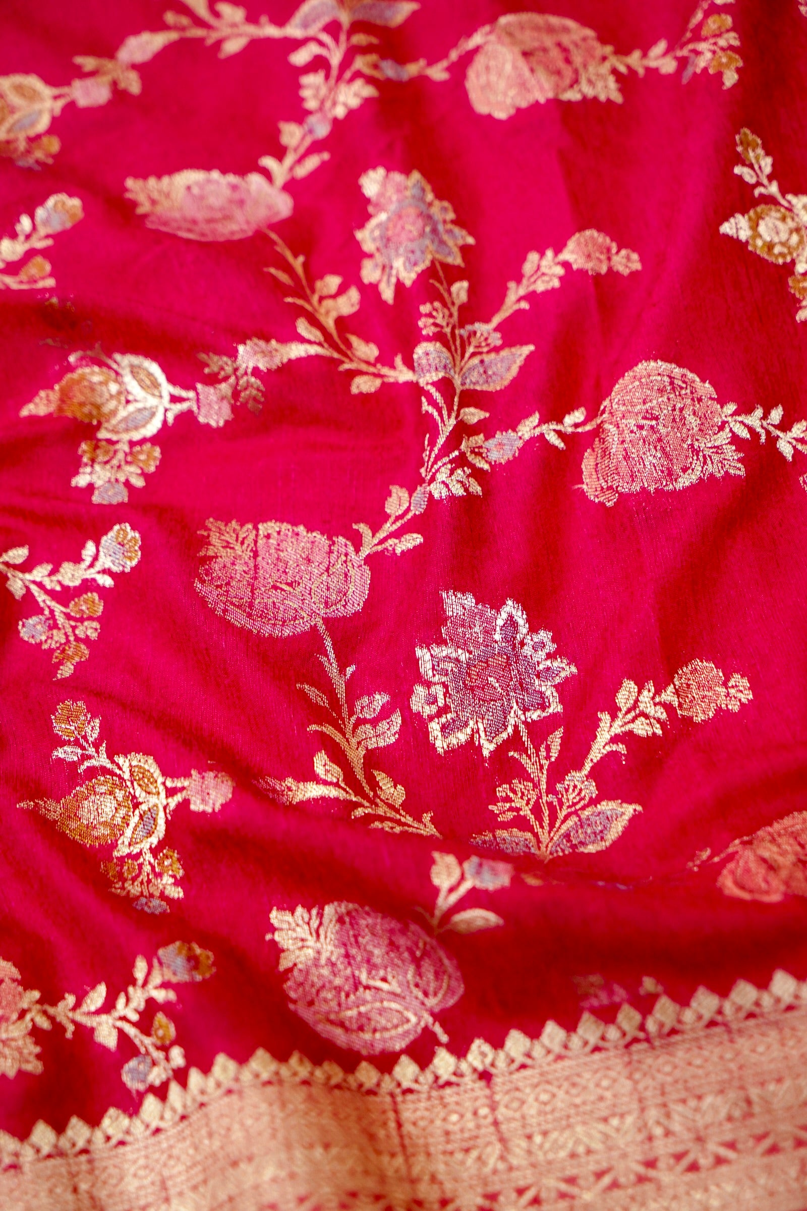 Hot Pink Semi Georgette Silk Saree with Champagne Zari Border