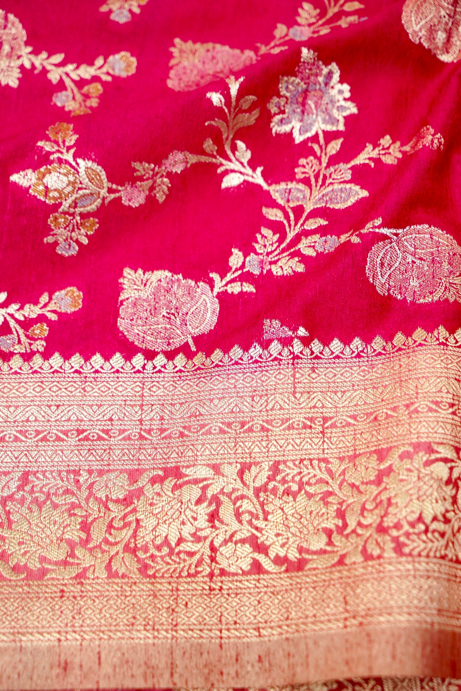 Hot Pink Semi Georgette Silk Saree with Champagne Zari Border