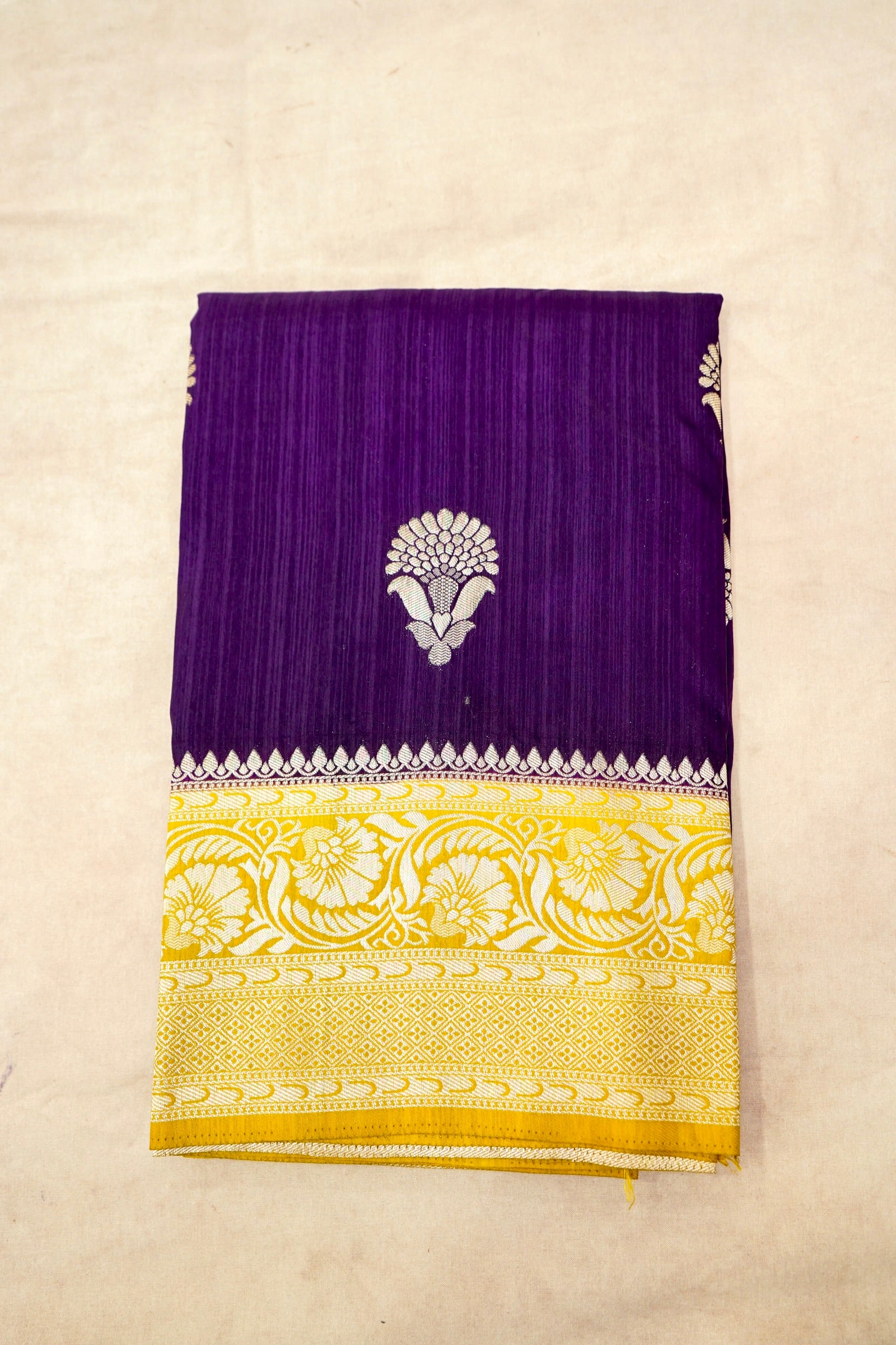 Dark Purple Raw Silk Saree with Mustard Yellow Border