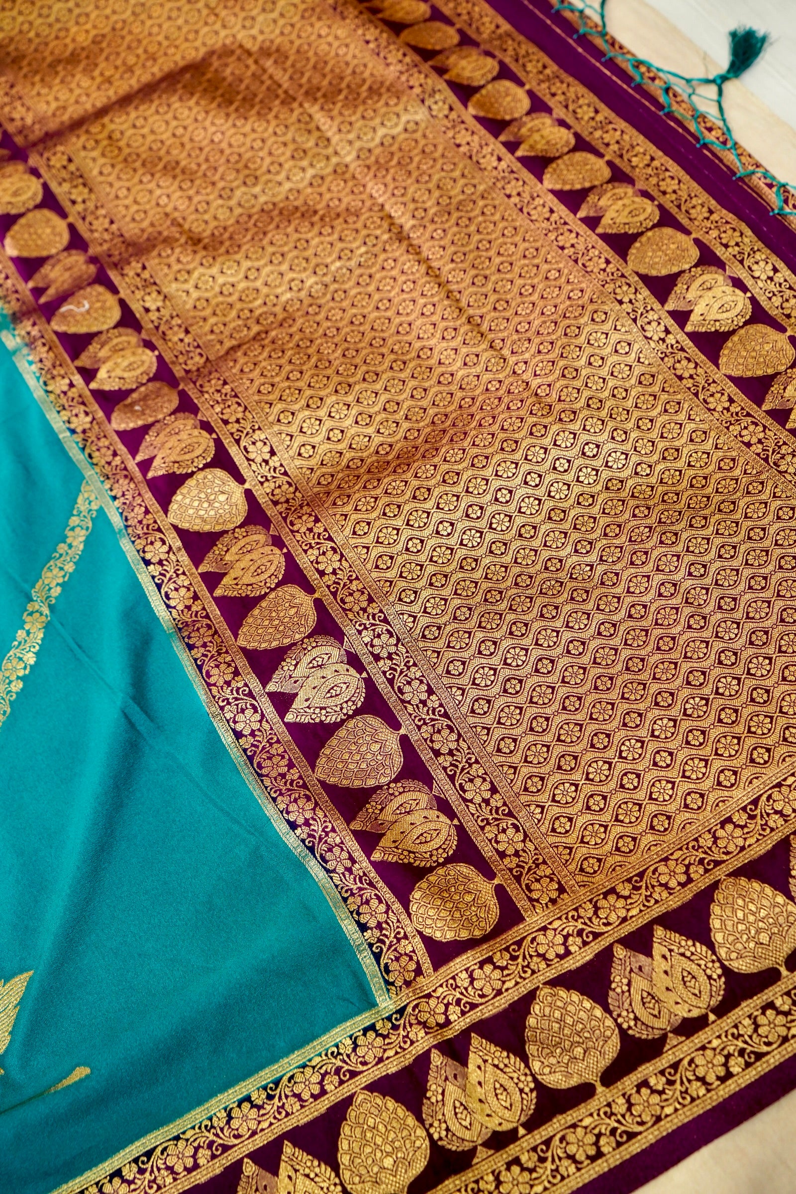 Light Blue Pure Crepe Silk Saree with Maroon Border