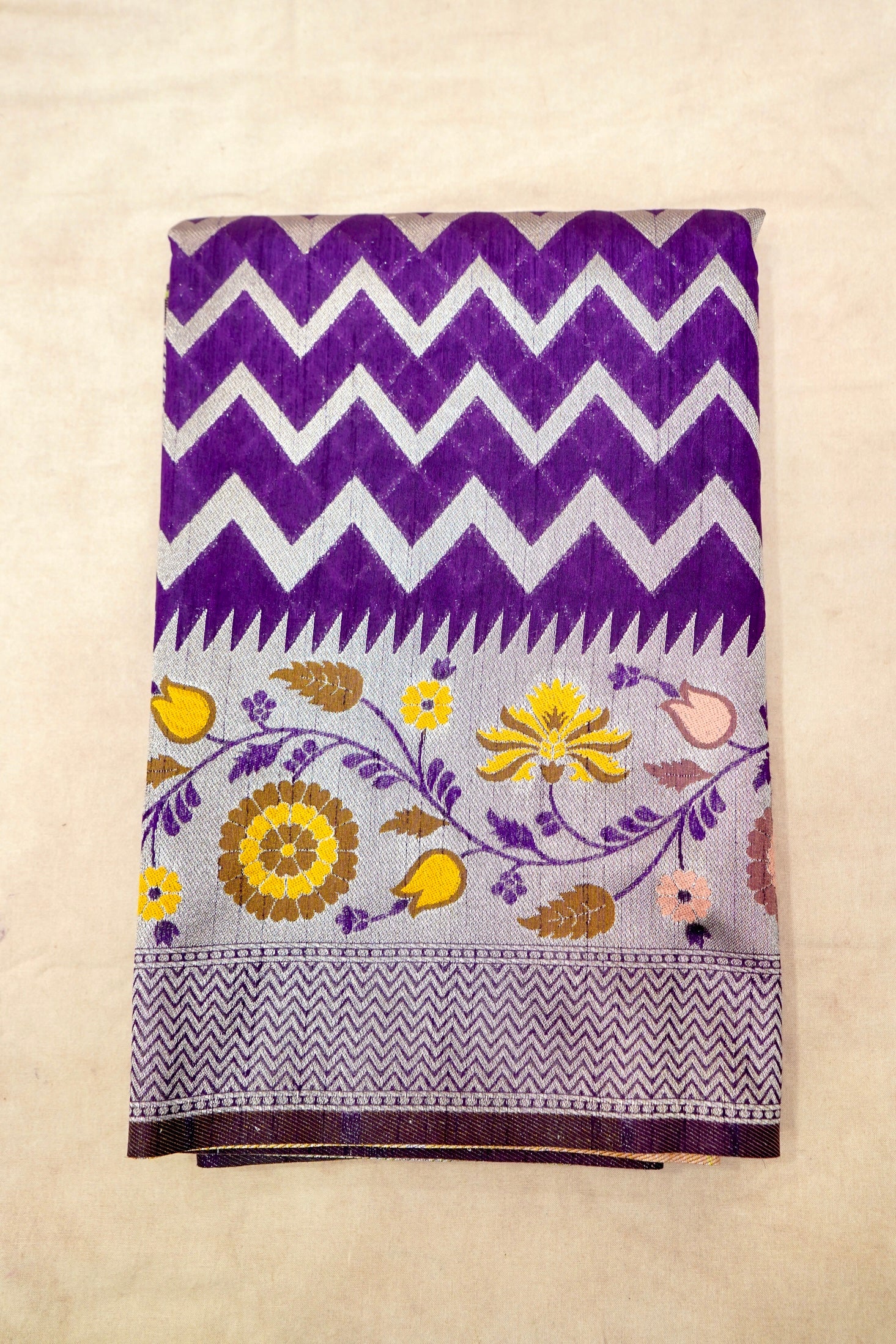 Royal Purple Raw Silk Saree with Silver Chevron Pattern