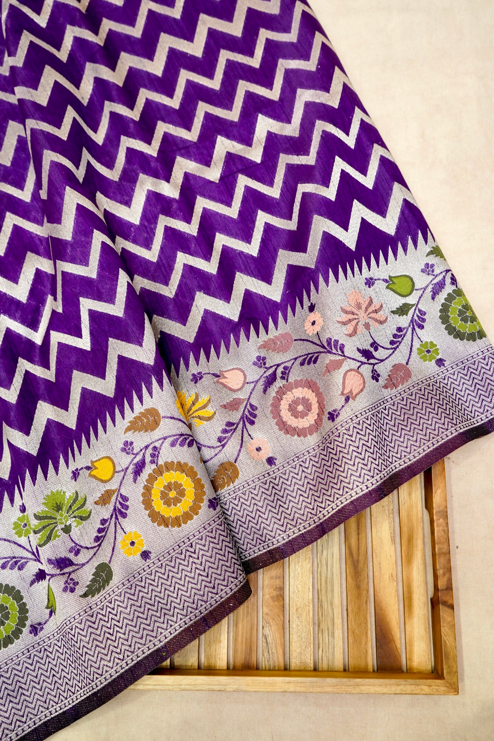 Royal Purple Raw Silk Saree with Silver Chevron Pattern