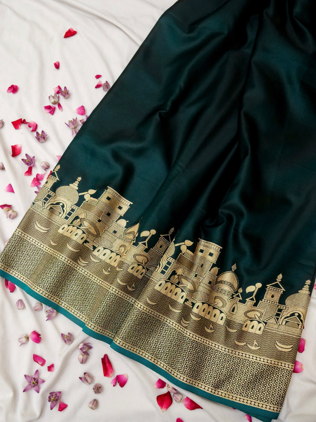 Nihar - Deep Teal Ghat Border Banarasi Silk Saree with Stitched Blouse