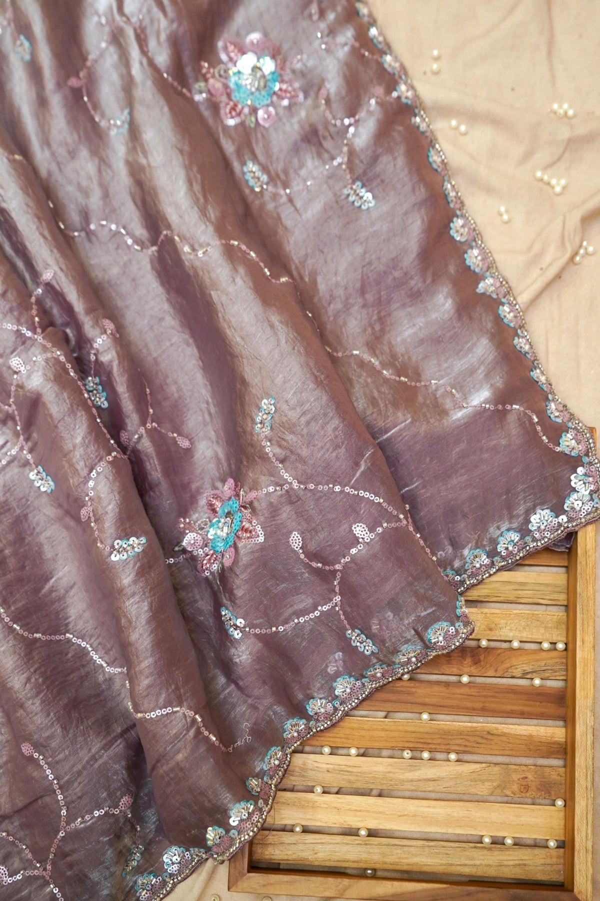 Dusty Mauve Blossom Trail Sequin Work Designer Saree