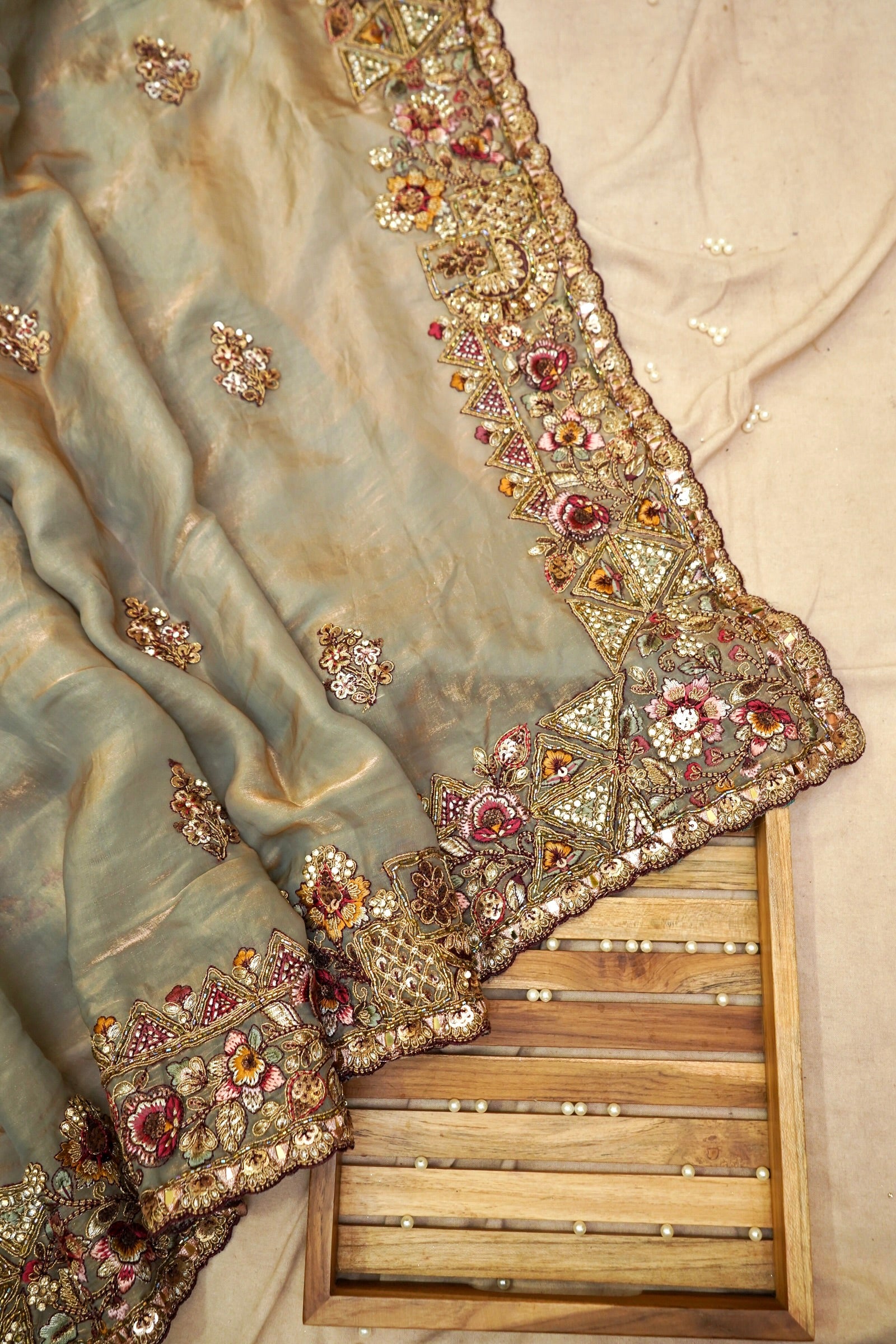 Dusty Sage Grey Heavy Embroidered Designer Tissue Saree with Stitched Blouse