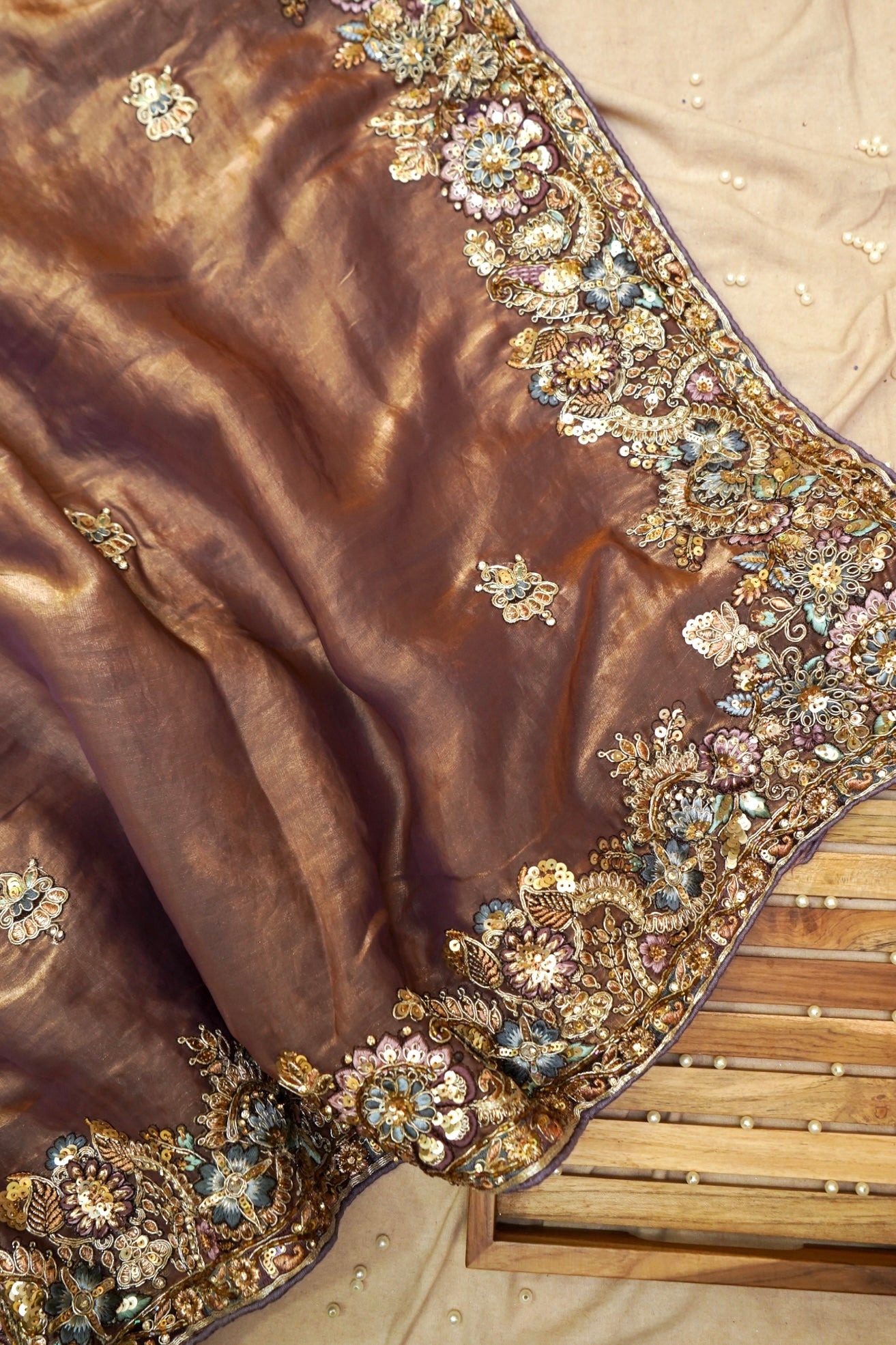 Mocha Brown Heavy Embroidered Designer Tissue Saree with Stitched Blouse