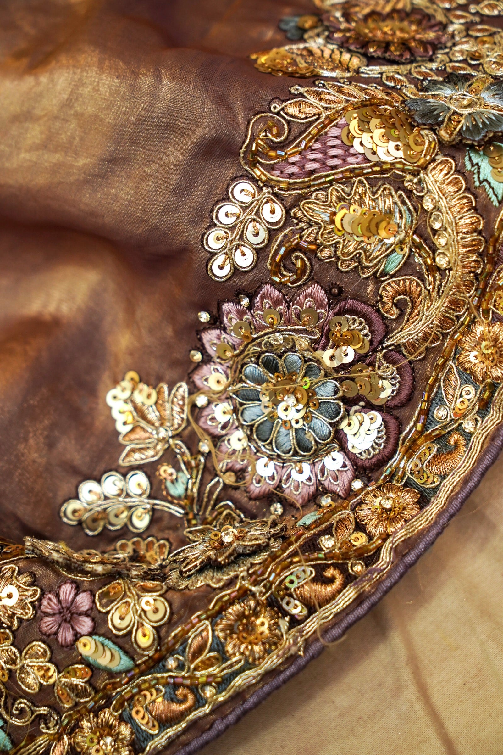 Mocha Brown Heavy Embroidered Designer Tissue Saree with Stitched Blouse