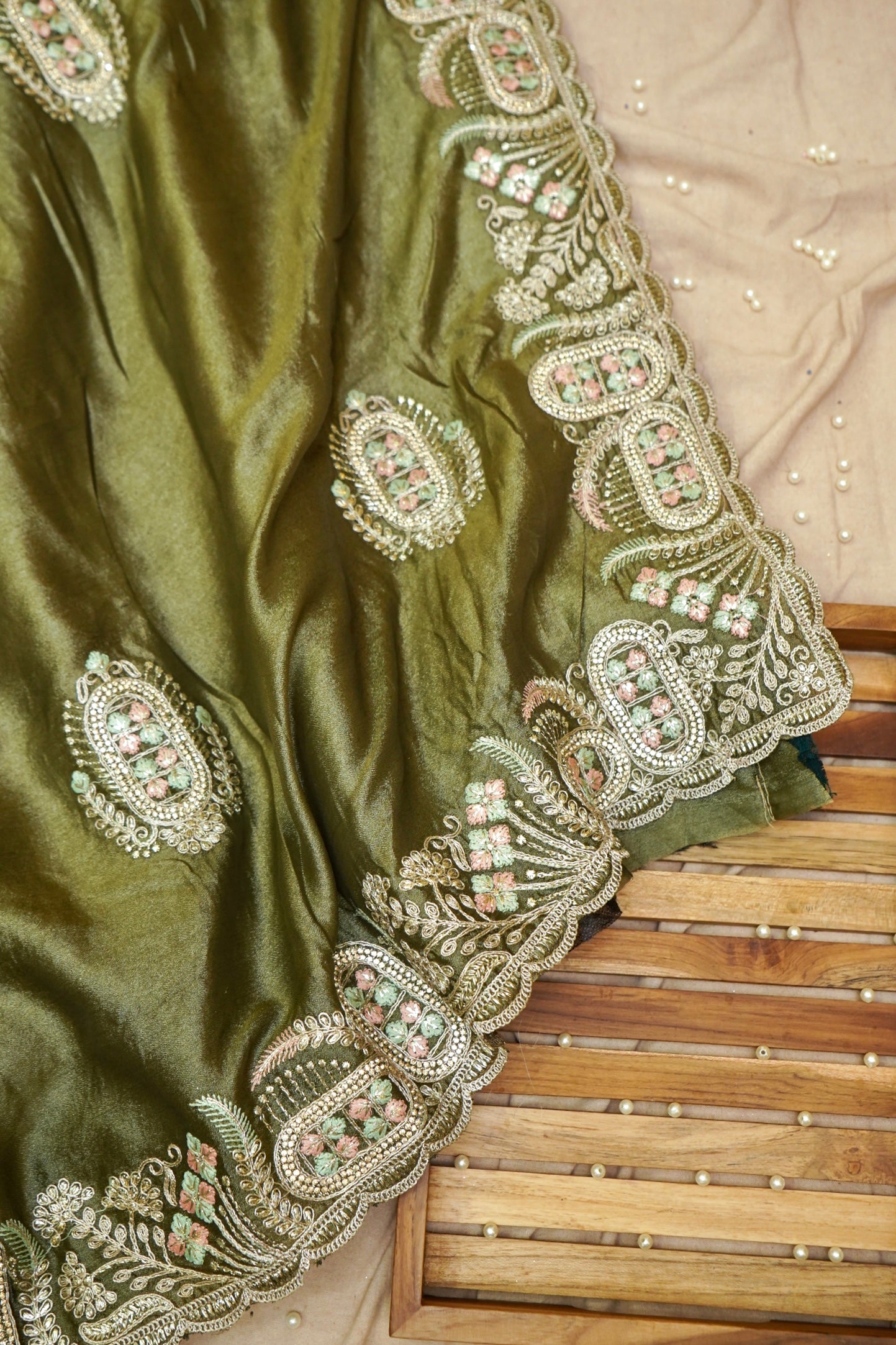 Olive Green Heavy Embroidered Work Designer Tissue Saree with Readymade Blouse