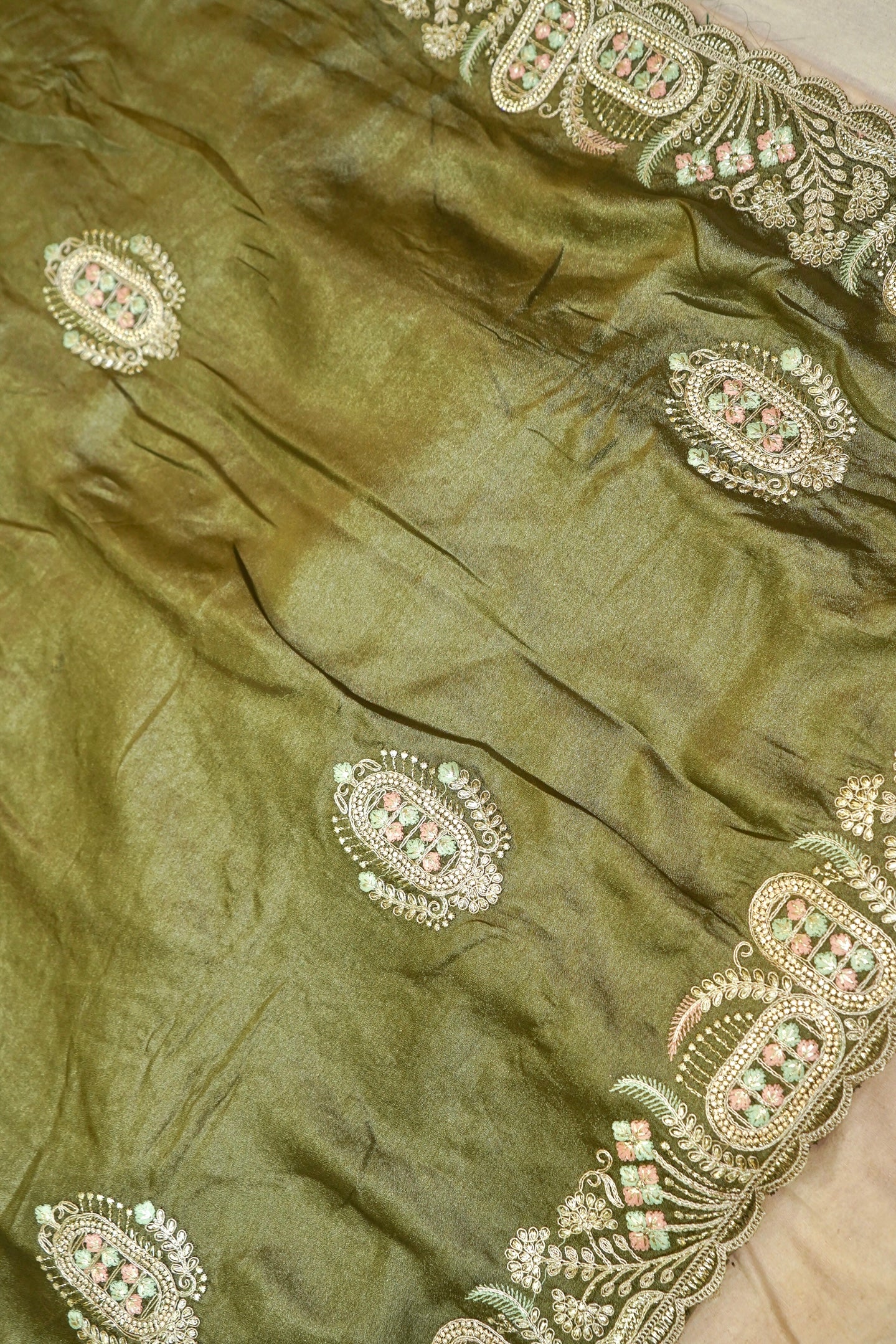 Olive Green Heavy Embroidered Work Designer Tissue Saree with Readymade Blouse