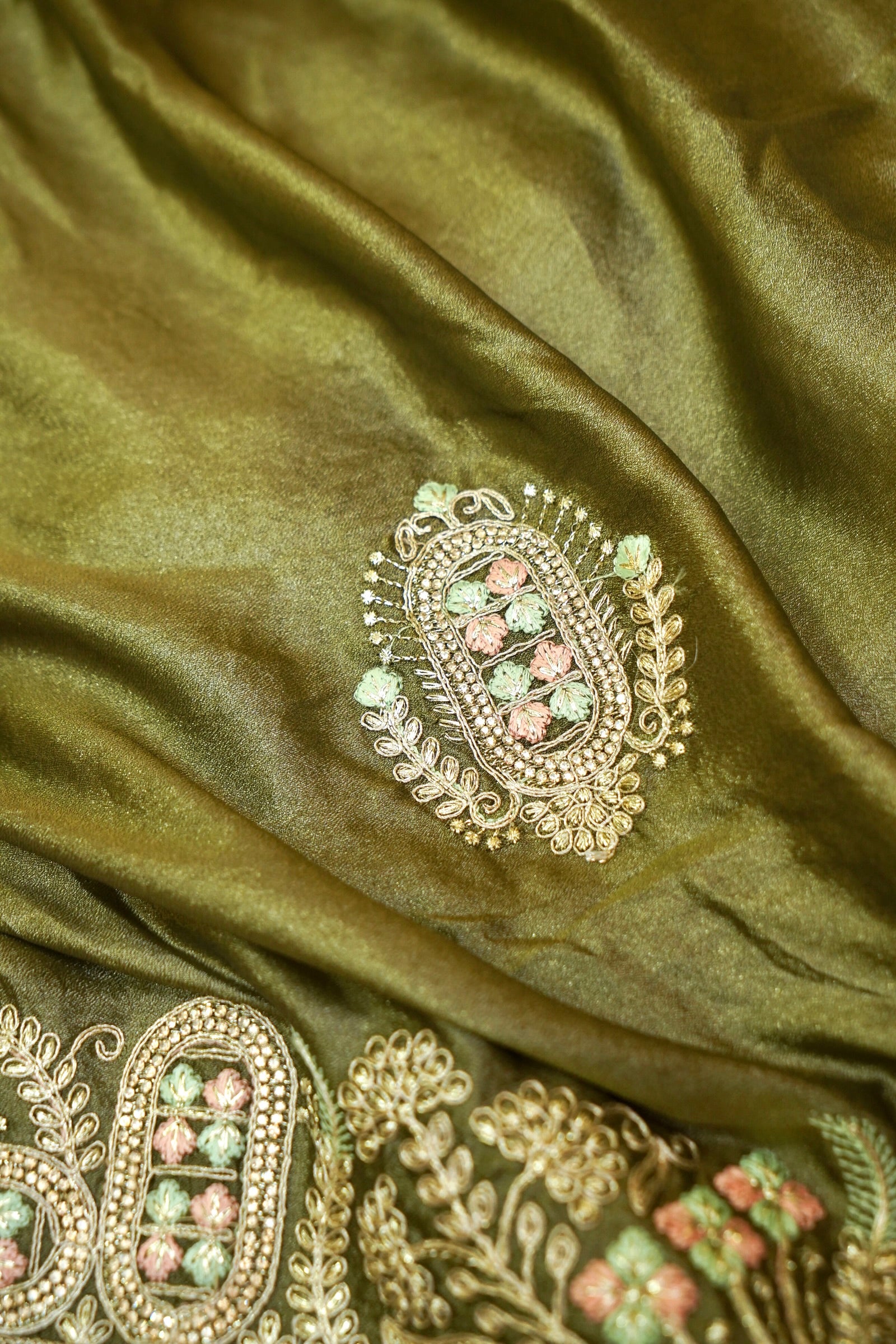 Olive Green Heavy Embroidered Work Designer Tissue Saree with Readymade Blouse