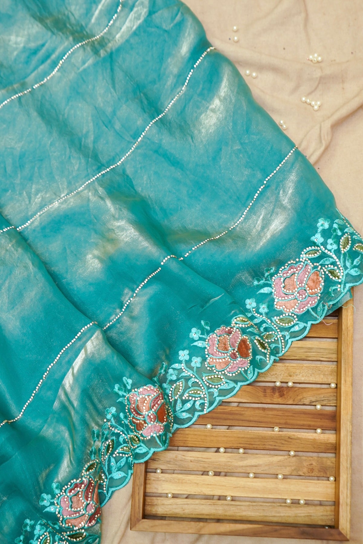 Turquoise Blue Camellia Bloom Designer Tissue Saree with Rhinestone