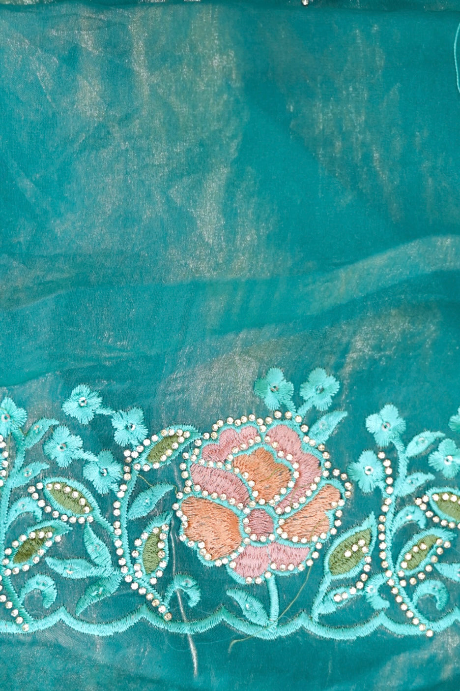 Turquoise Blue Camellia Bloom Designer Tissue Saree with Rhinestone