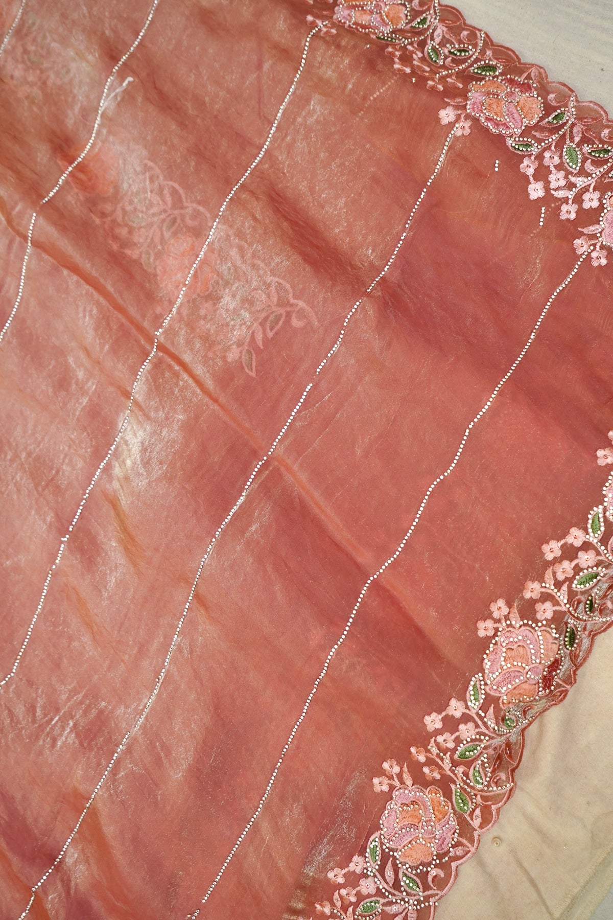Rose Pink Camellia Bloom Designer Tissue Saree with Rhinestone