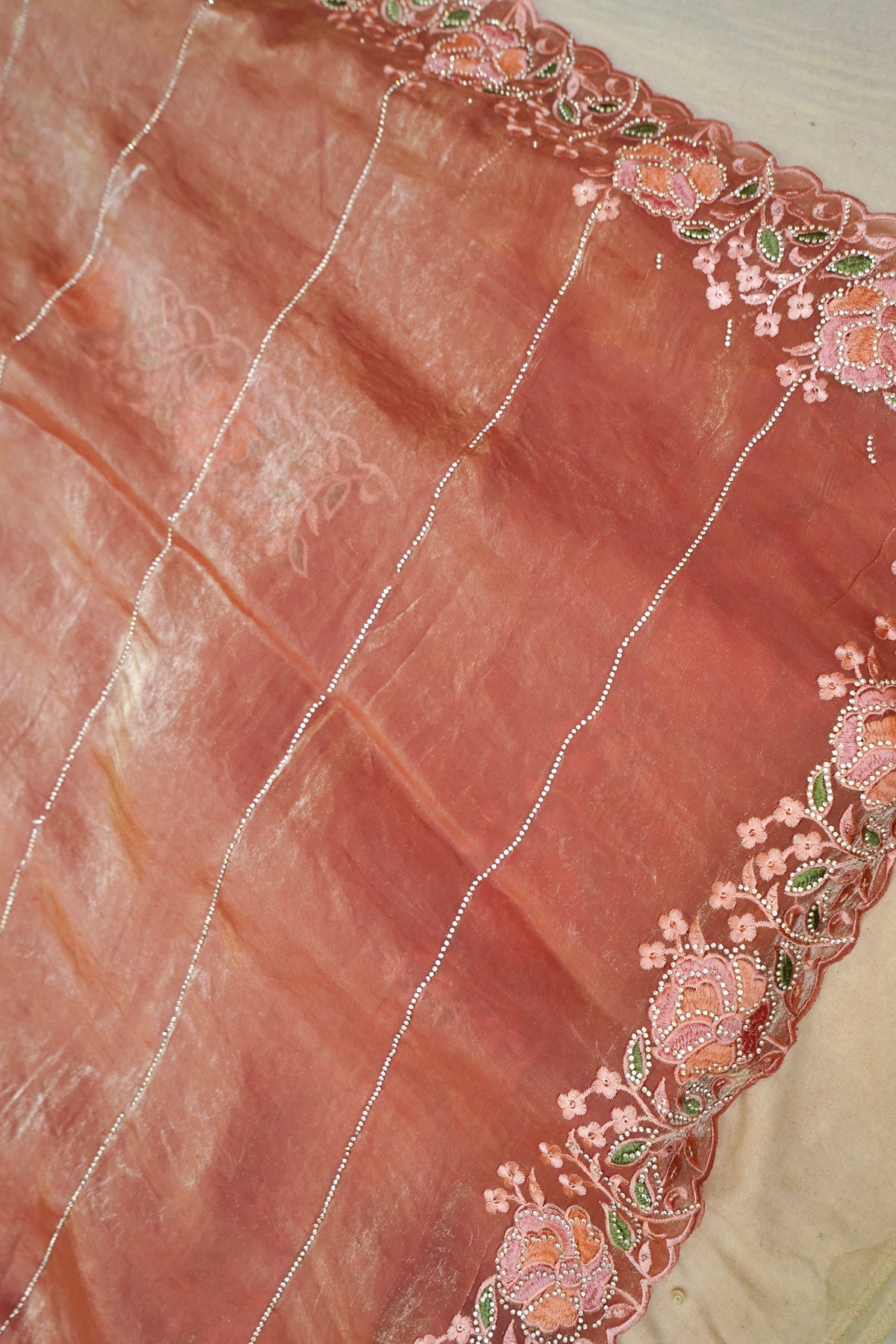 Rose Pink Camellia Bloom Designer Tissue Saree with Rhinestone