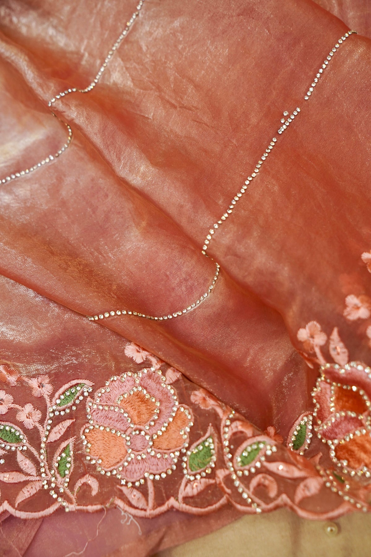 Rose Pink Camellia Bloom Designer Tissue Saree with Rhinestone