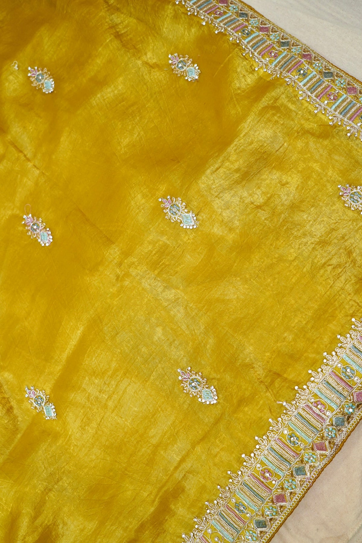 Mosaic Jewel Designer Tissue Saree – Mustard Gold
