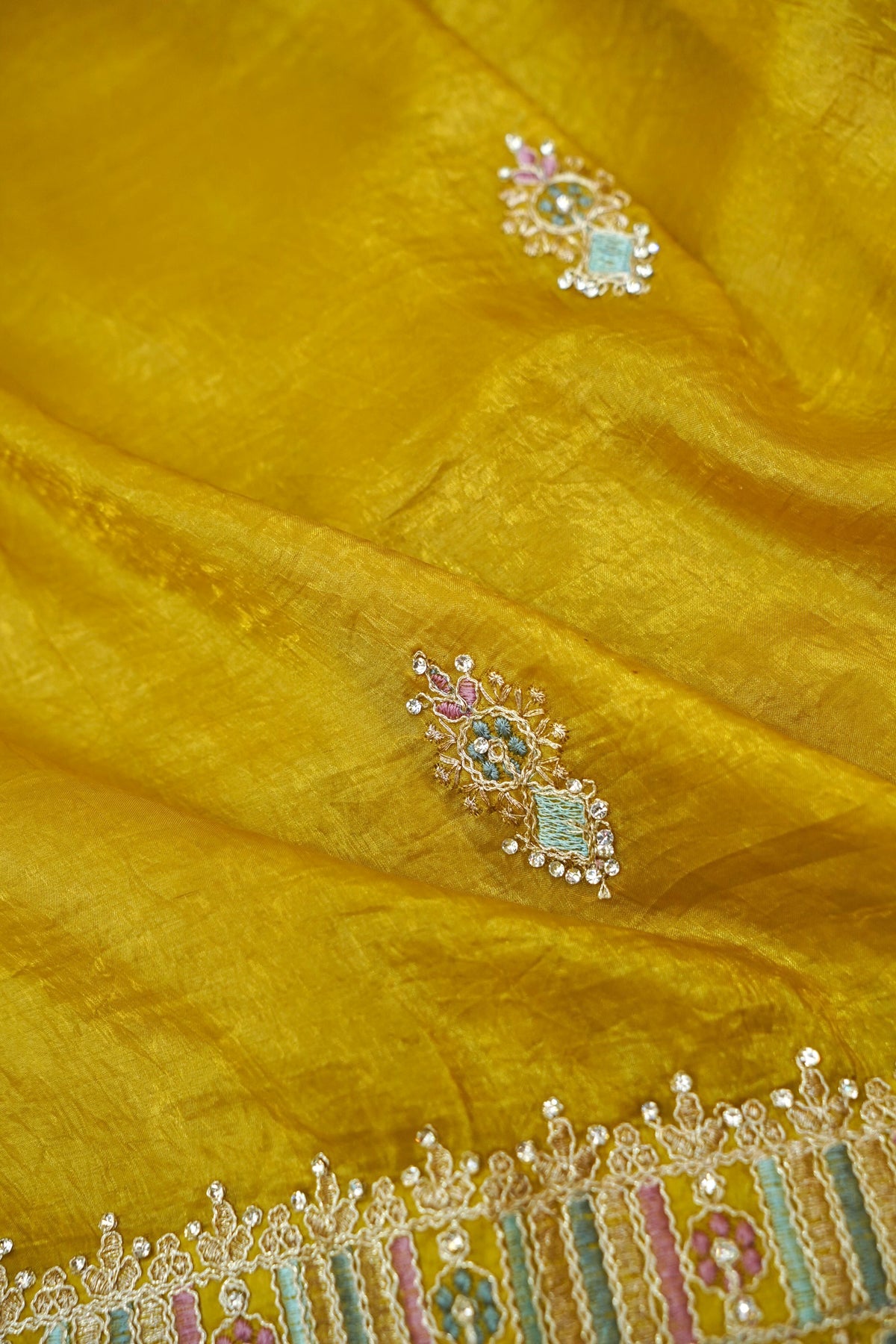Mosaic Jewel Designer Tissue Saree – Mustard Gold