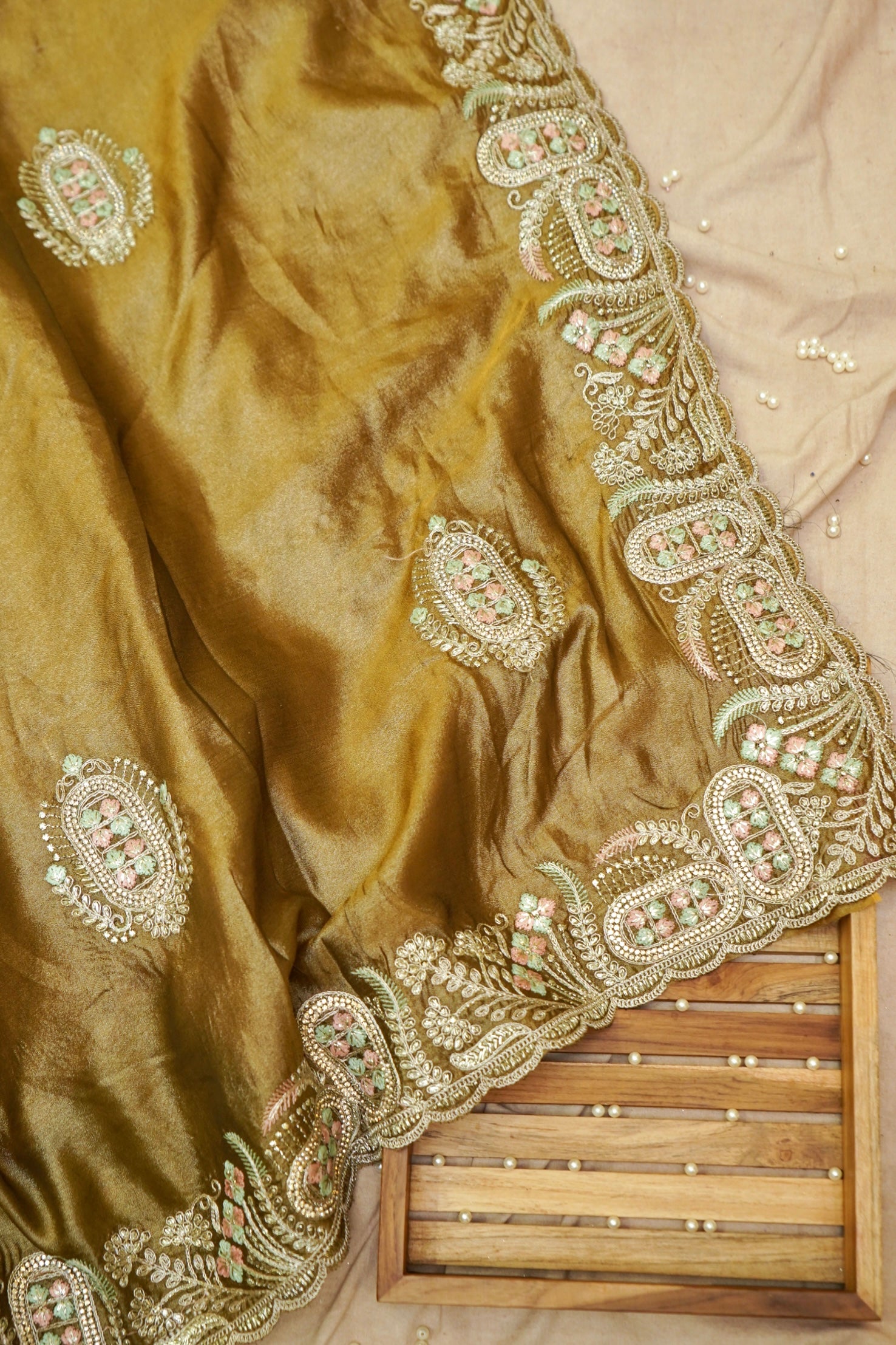 Olive Gold Heavy Embroidered Work Designer Tissue Saree with Readymade Blouse