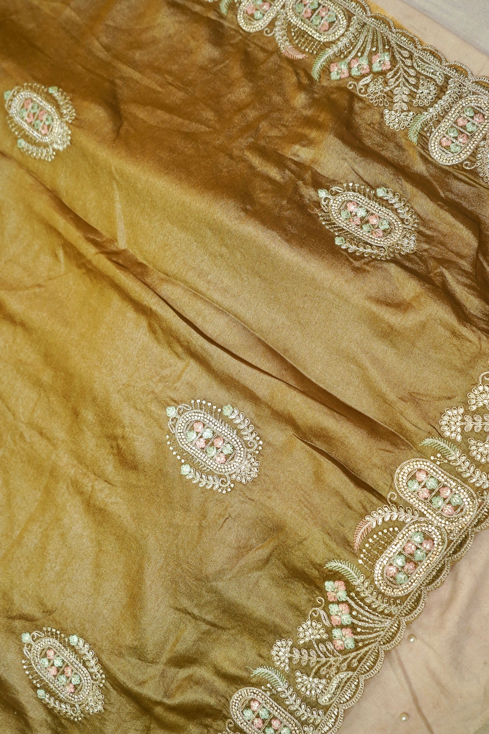 Olive Gold Heavy Embroidered Work Designer Tissue Saree with Readymade Blouse