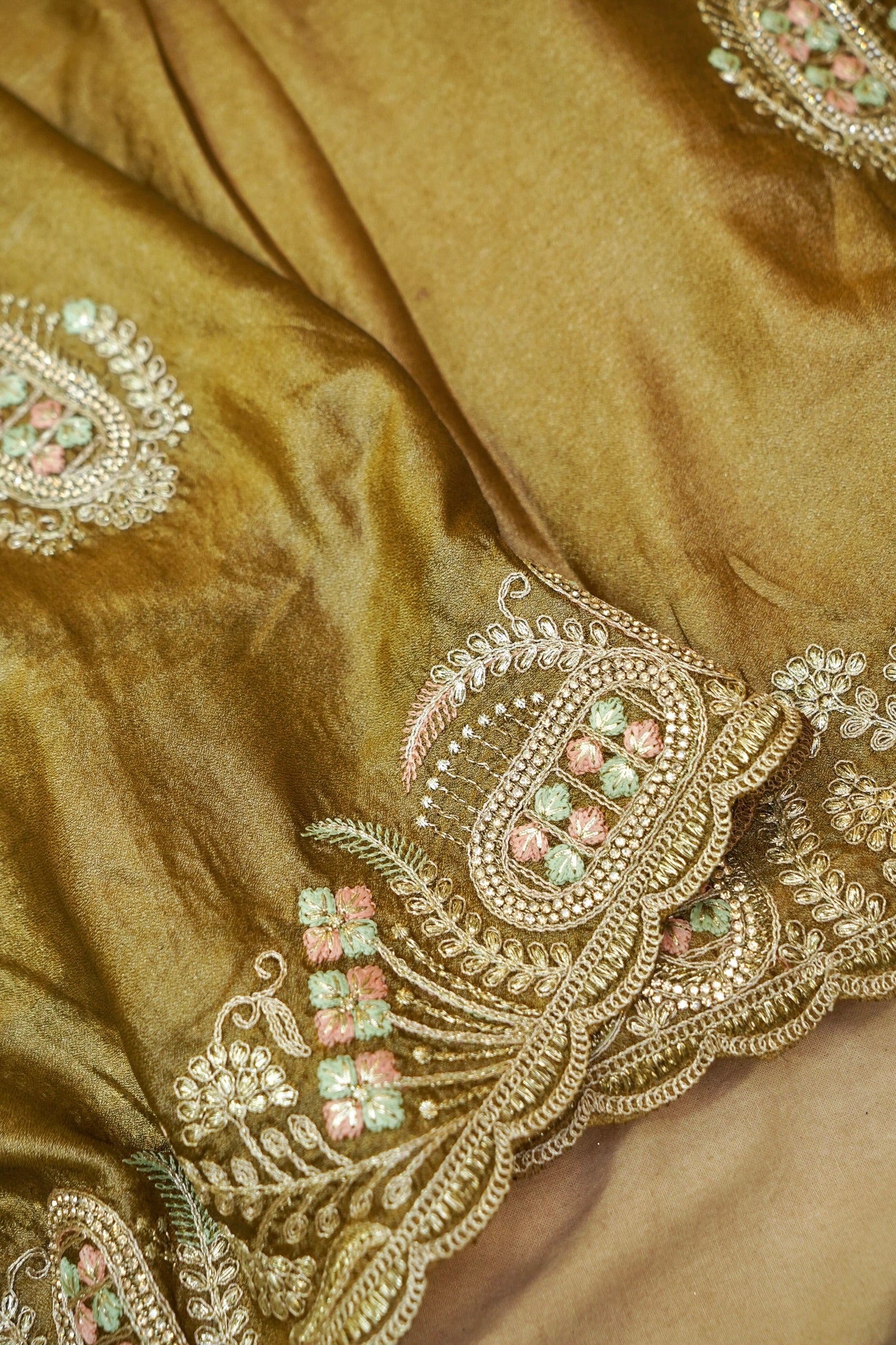 Olive Gold Heavy Embroidered Work Designer Tissue Saree with Readymade Blouse