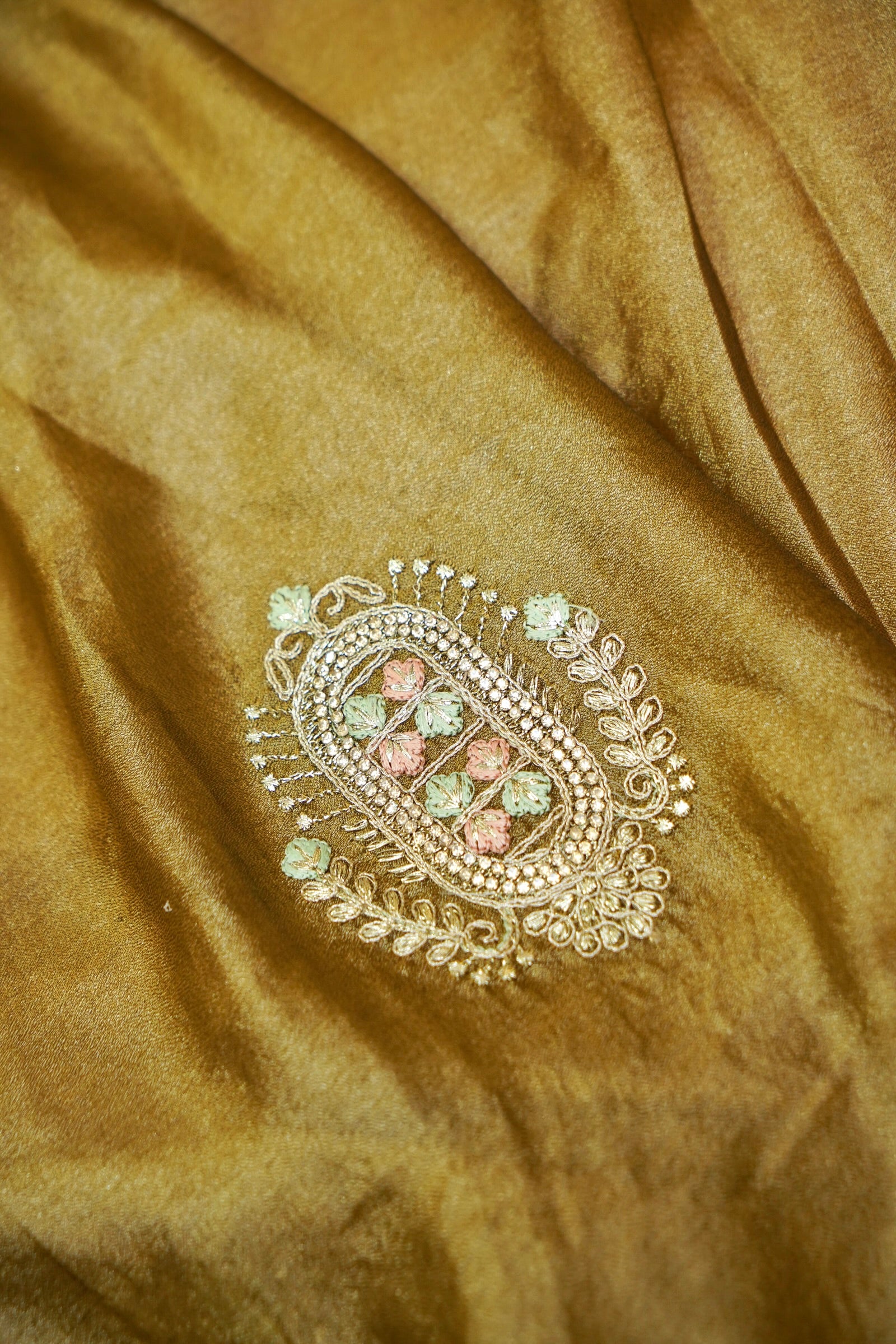 Olive Gold Heavy Embroidered Work Designer Tissue Saree with Readymade Blouse
