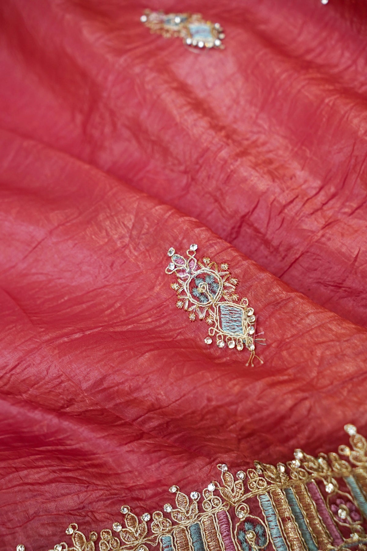 Mosaic Jewel Designer Tissue Saree – Coral Pink