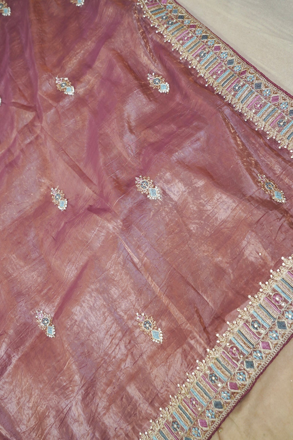 Mosaic Jewel Designer Tissue Saree – Dusty Mauve