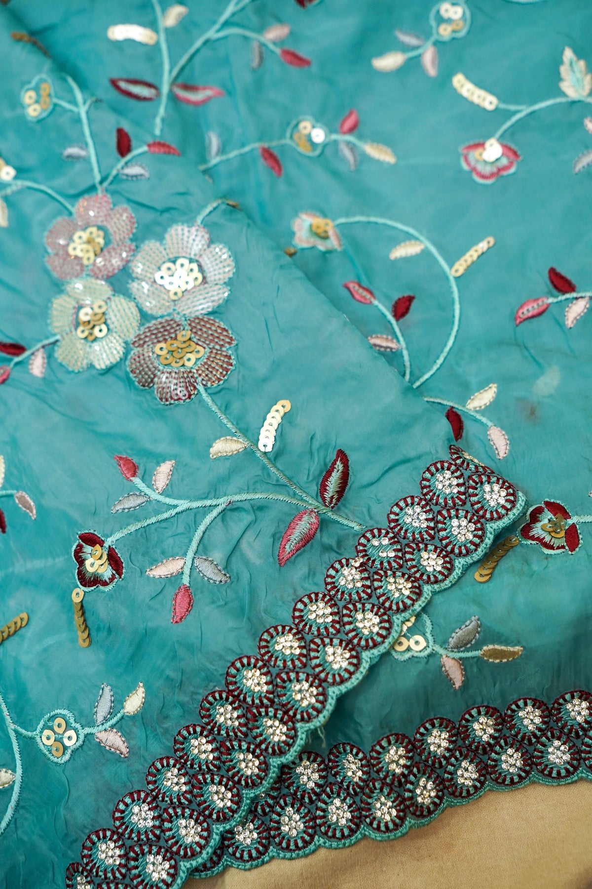 Aqua Blue Embroidered Designer Tissue Saree with Daisy Scalloped Border