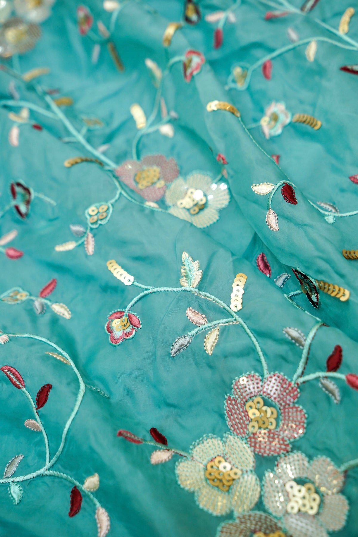Aqua Blue Embroidered Designer Tissue Saree with Daisy Scalloped Border