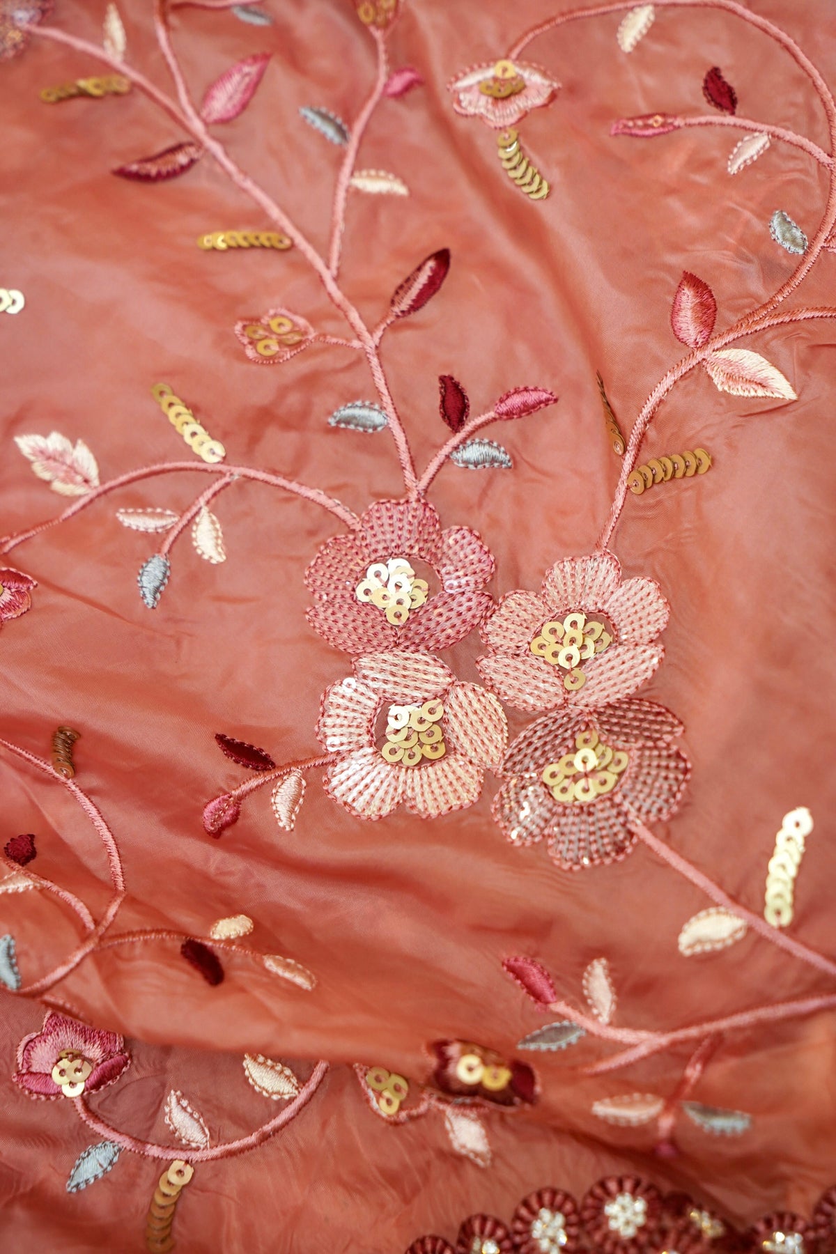 Rose Pink Embroidered Designer Tissue Saree with Daisy Scalloped Border