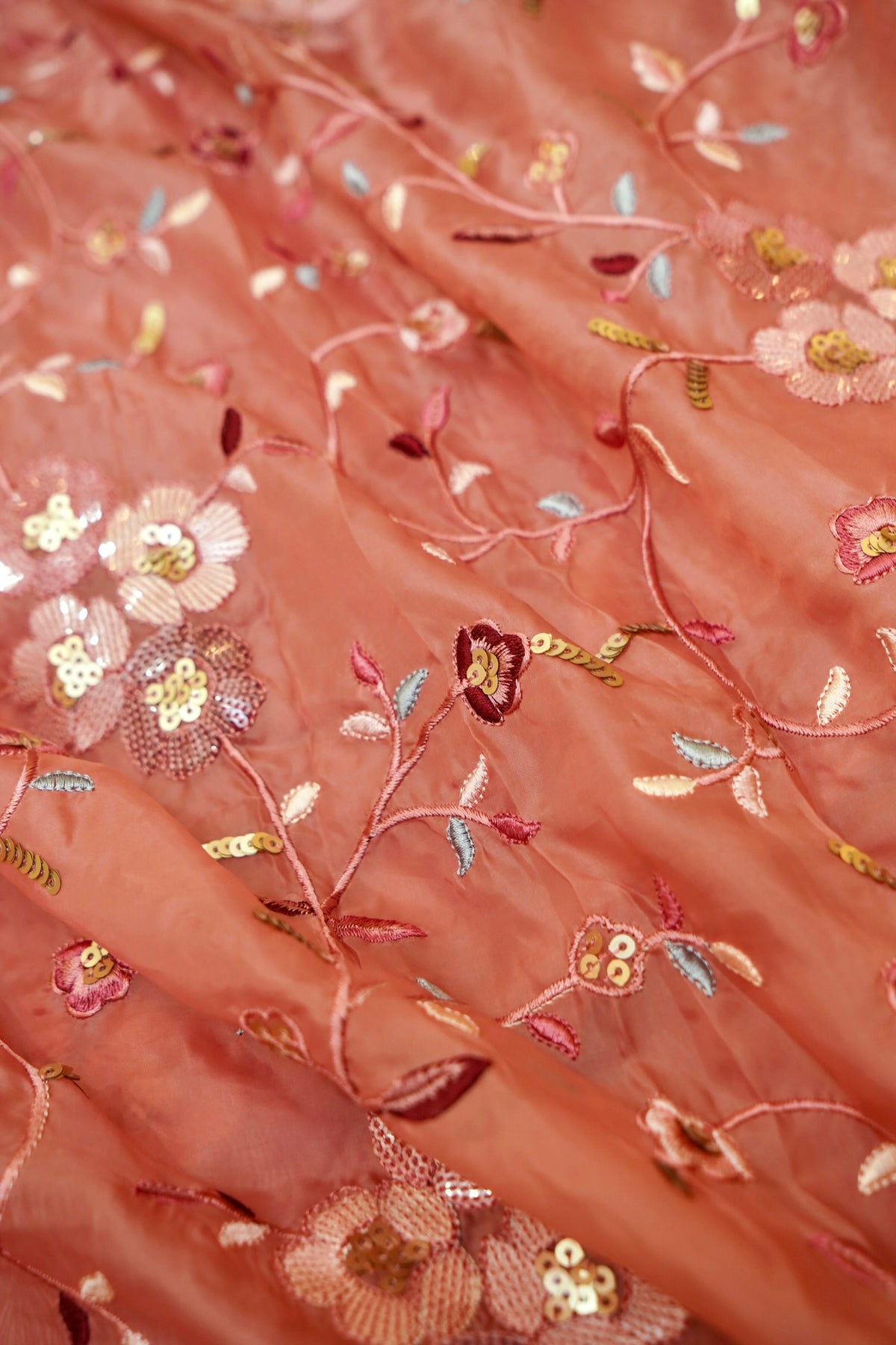 Rose Pink Embroidered Designer Tissue Saree with Daisy Scalloped Border
