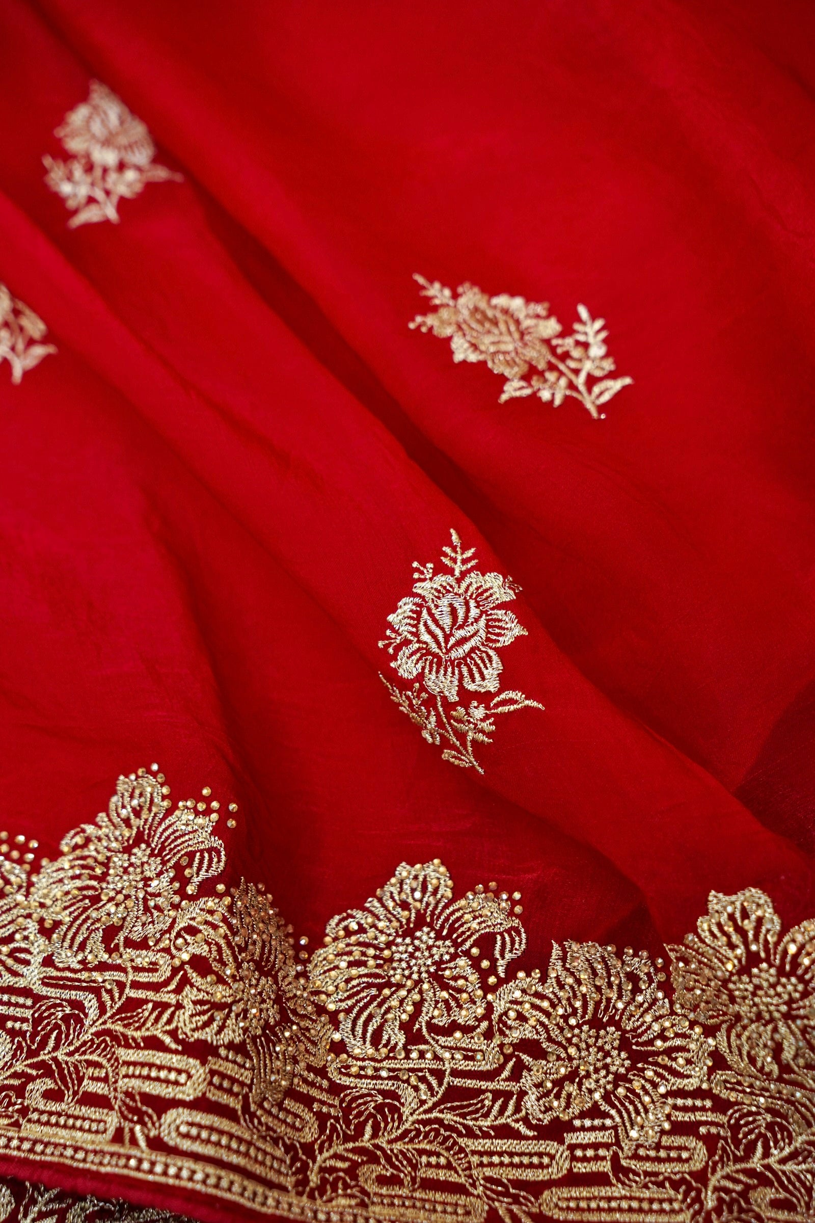 Hibiscus Motifs Designer Saree with Stitched Blouse – Ruby Red
