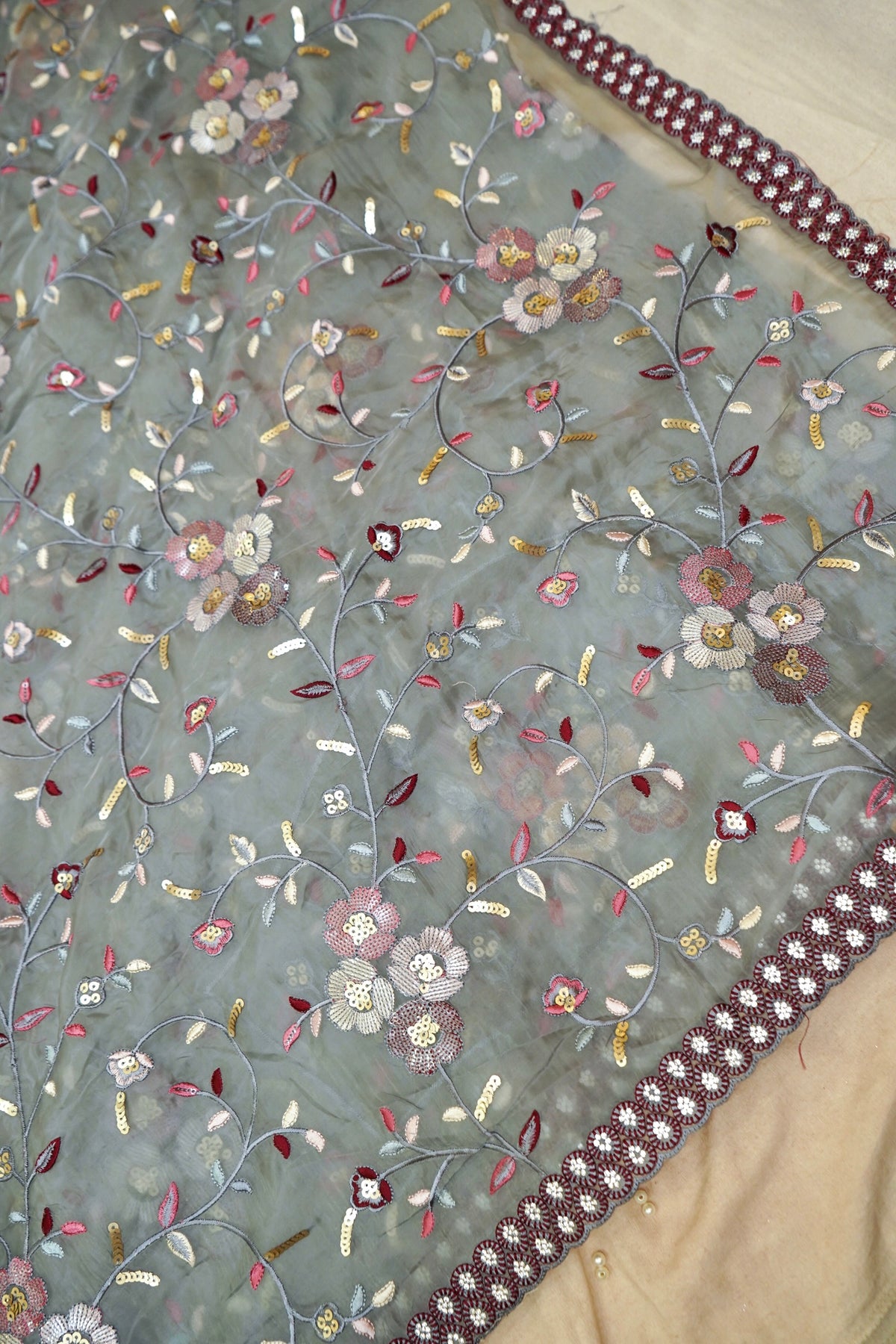 Dusty Grey Embroidered Designer Tissue Saree with Daisy Scalloped Border