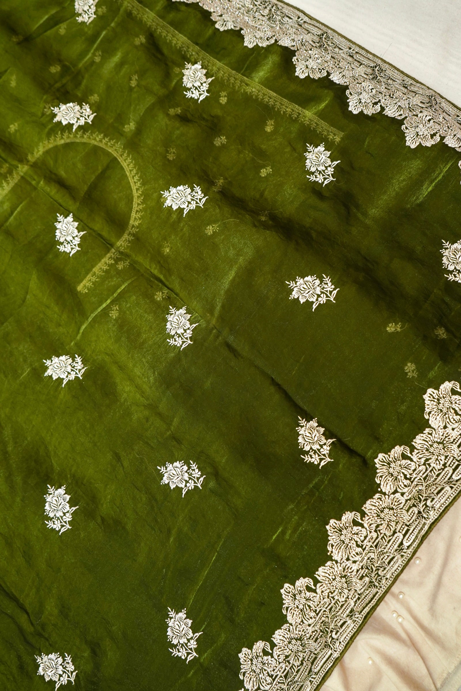 Hibiscus Motifs Designer Saree with Stitched Blouse – Olive Green