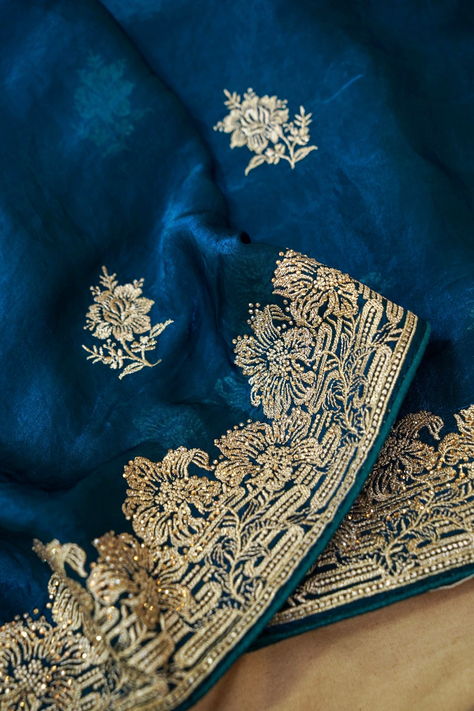 Hibiscus Motifs Designer Saree with Stitched Blouse – Royal Blue