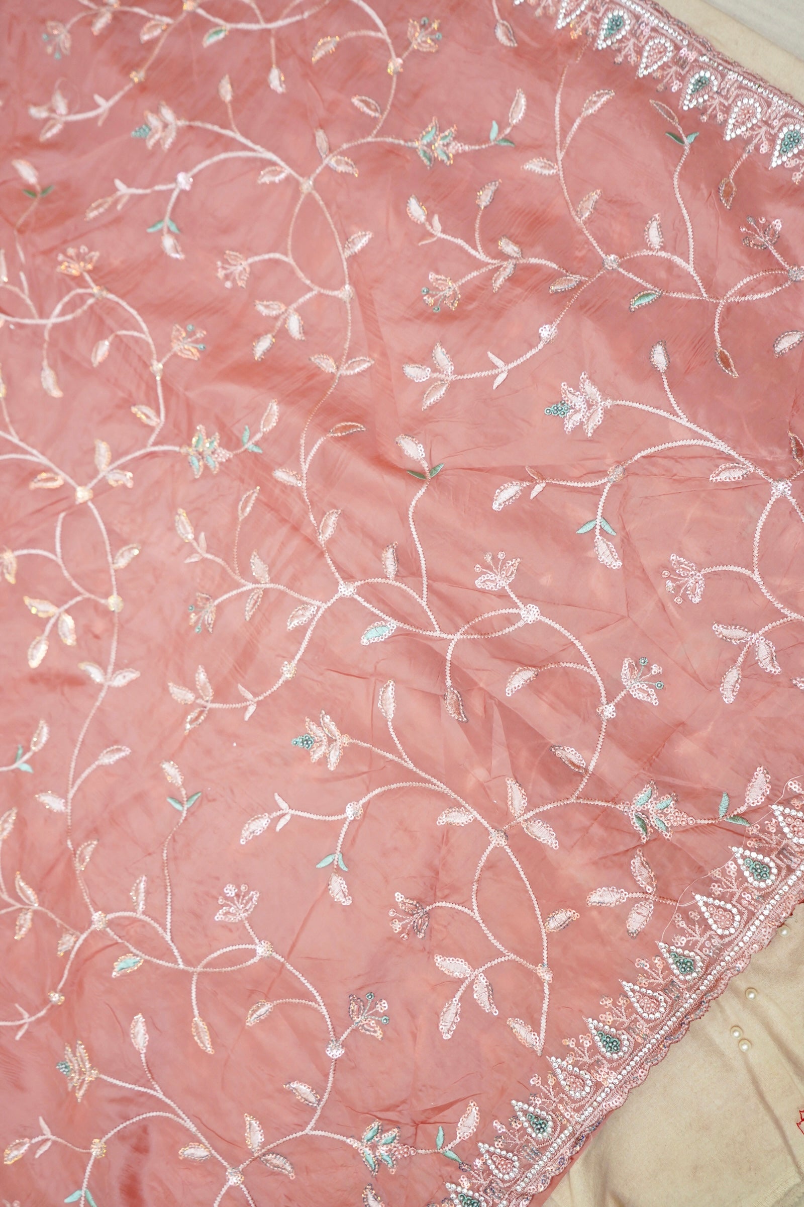 Rose Pink Willow Vine Designer Tissue Saree with Rhinestone Work and Stitched Blouse
