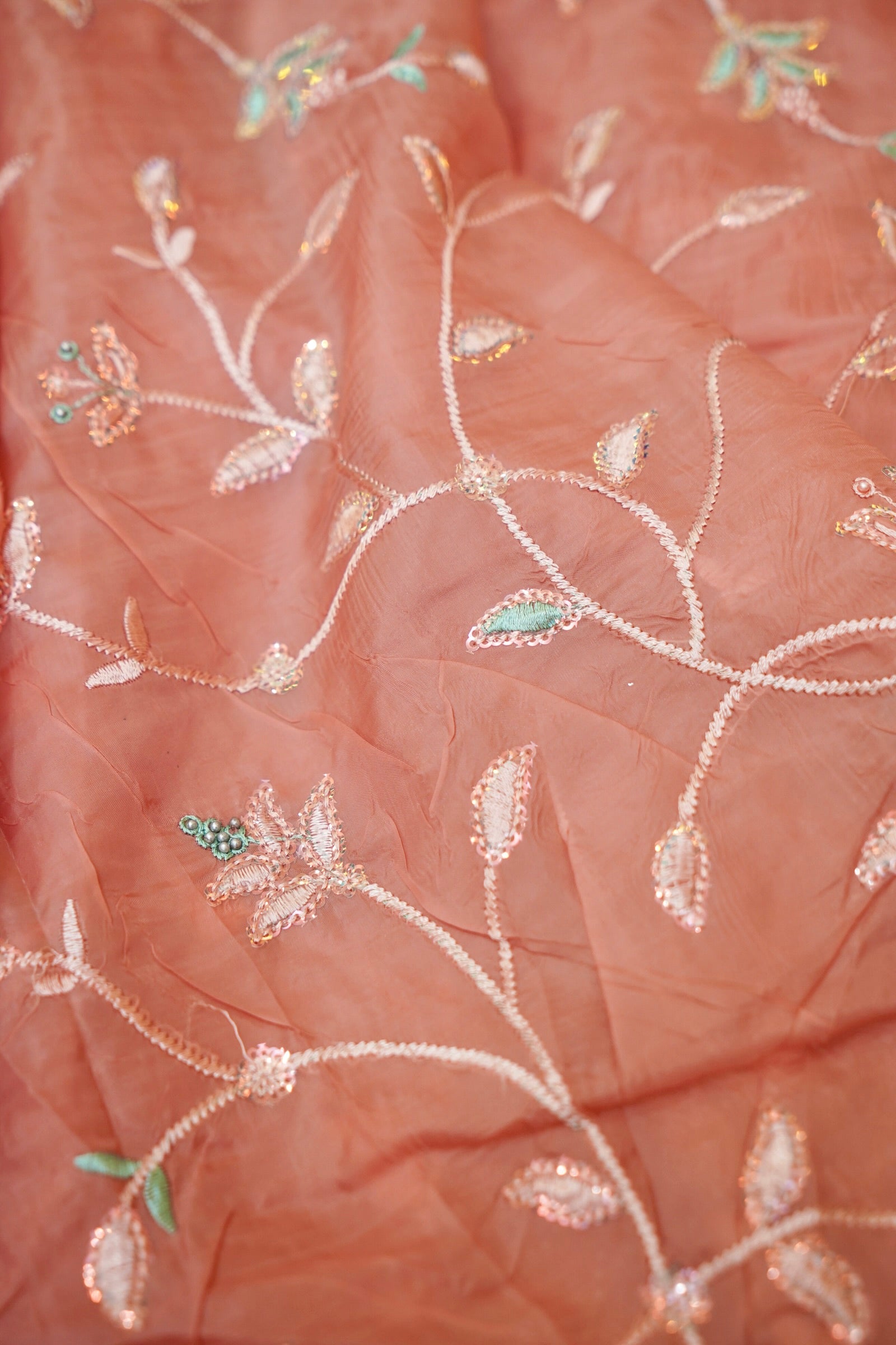 Rose Pink Willow Vine Designer Tissue Saree with Rhinestone Work and Stitched Blouse