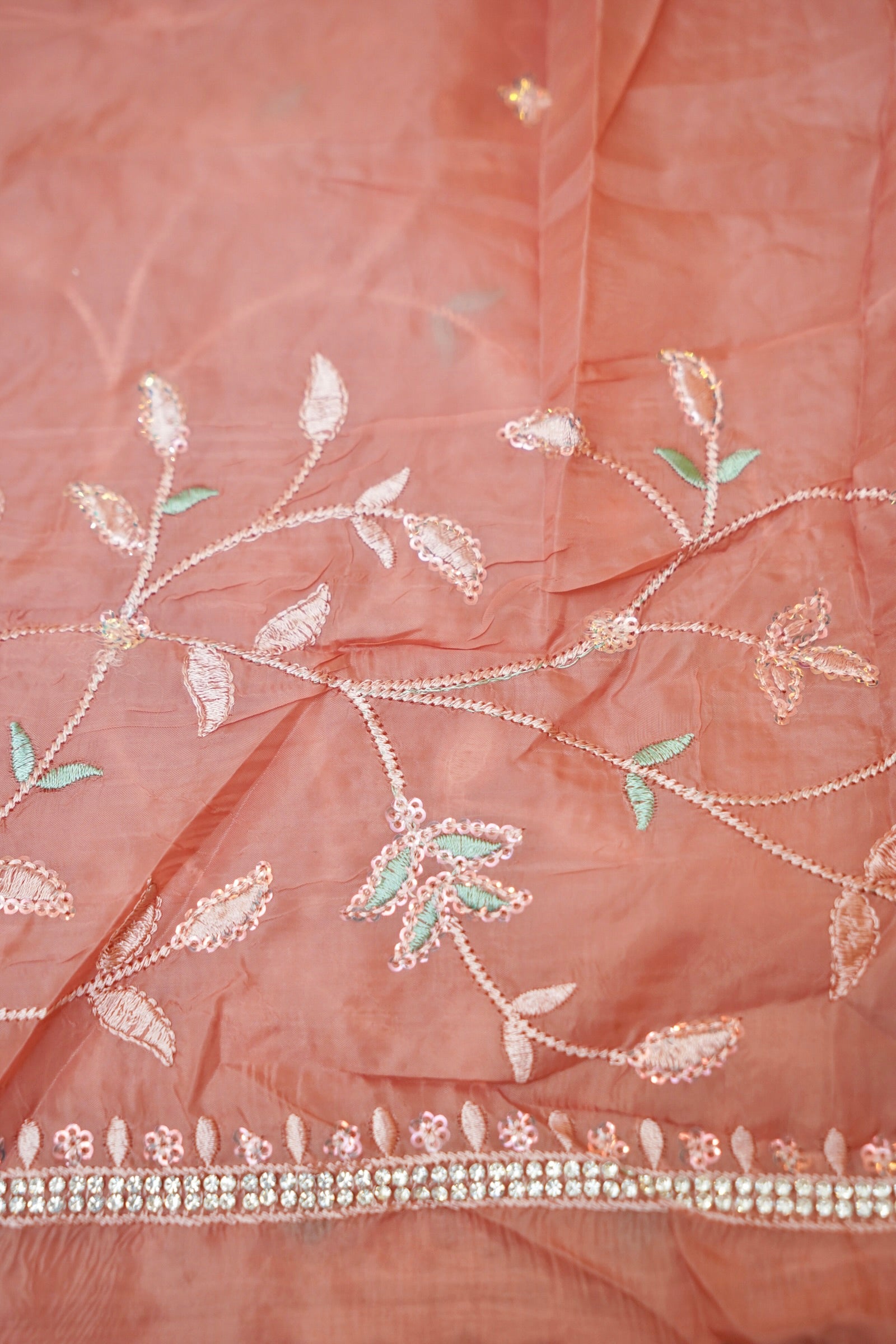 Rose Pink Willow Vine Designer Tissue Saree with Rhinestone Work and Stitched Blouse