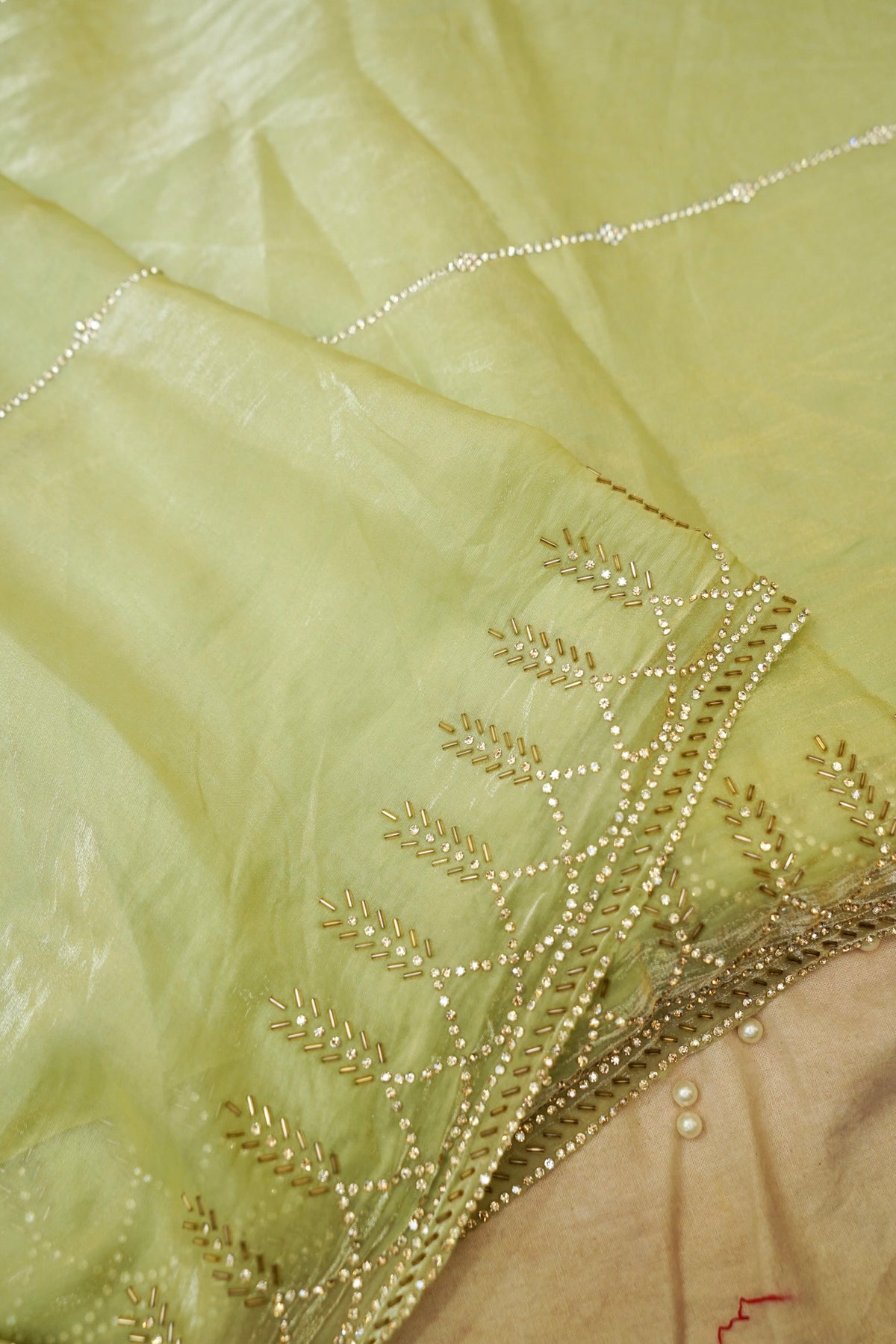 Vine Rhinestone Border Designer Tissue Saree – Pistachio Green